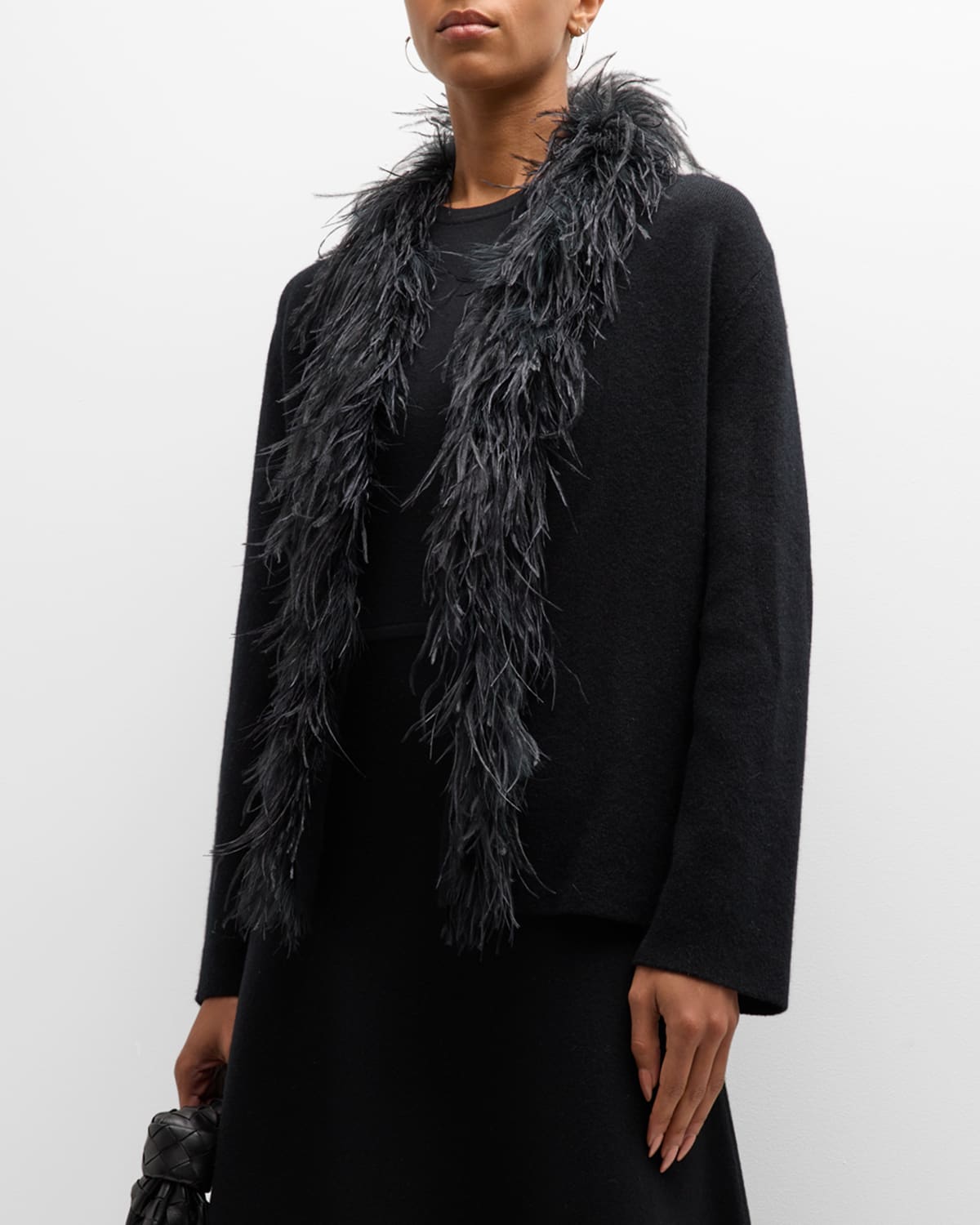 Neiman Marcus Cashmere Double-knit Top Coat With Feather Trim In Black