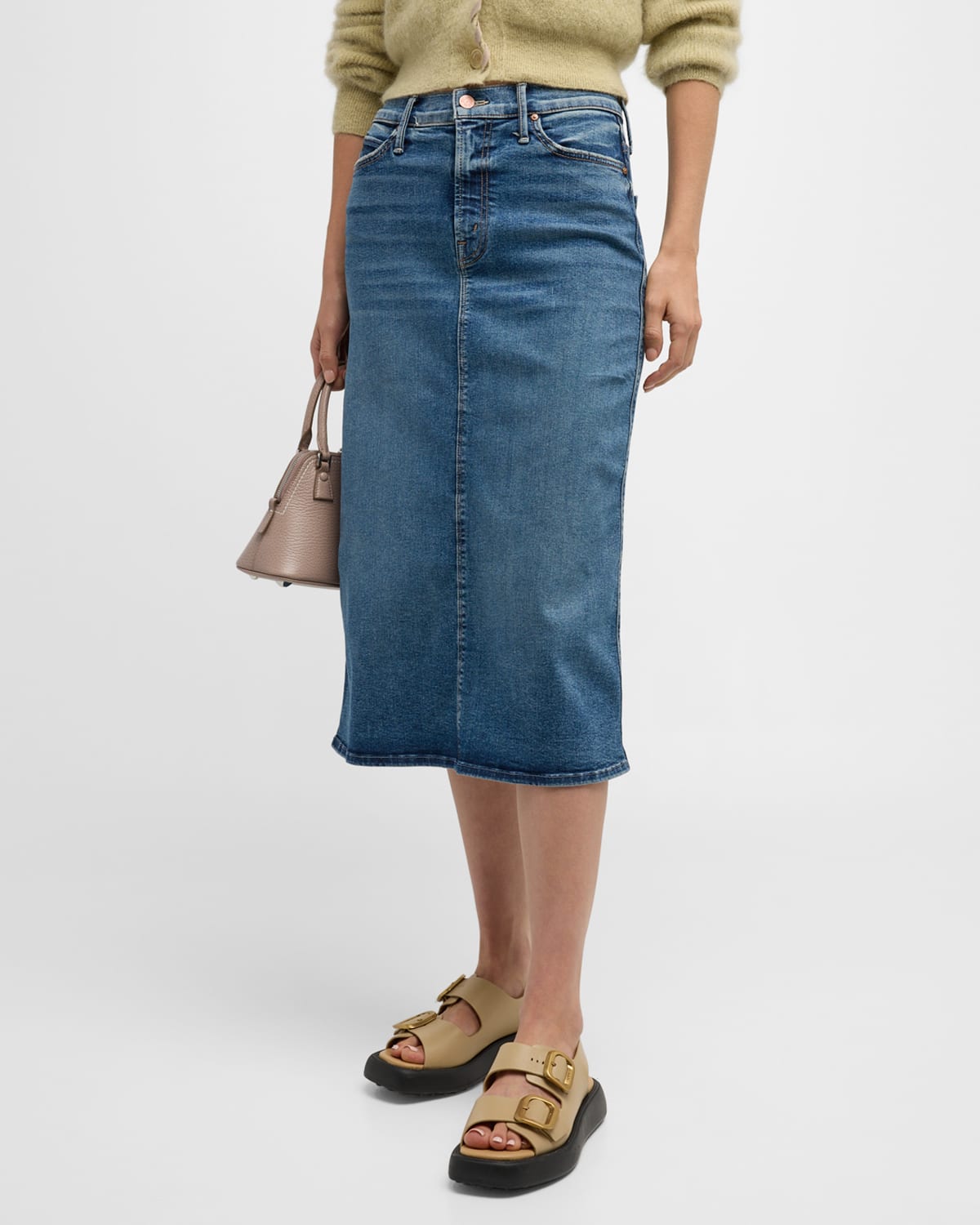 MOTHER THE SWOONER STRAIGHT DENIM MIDI SKIRT