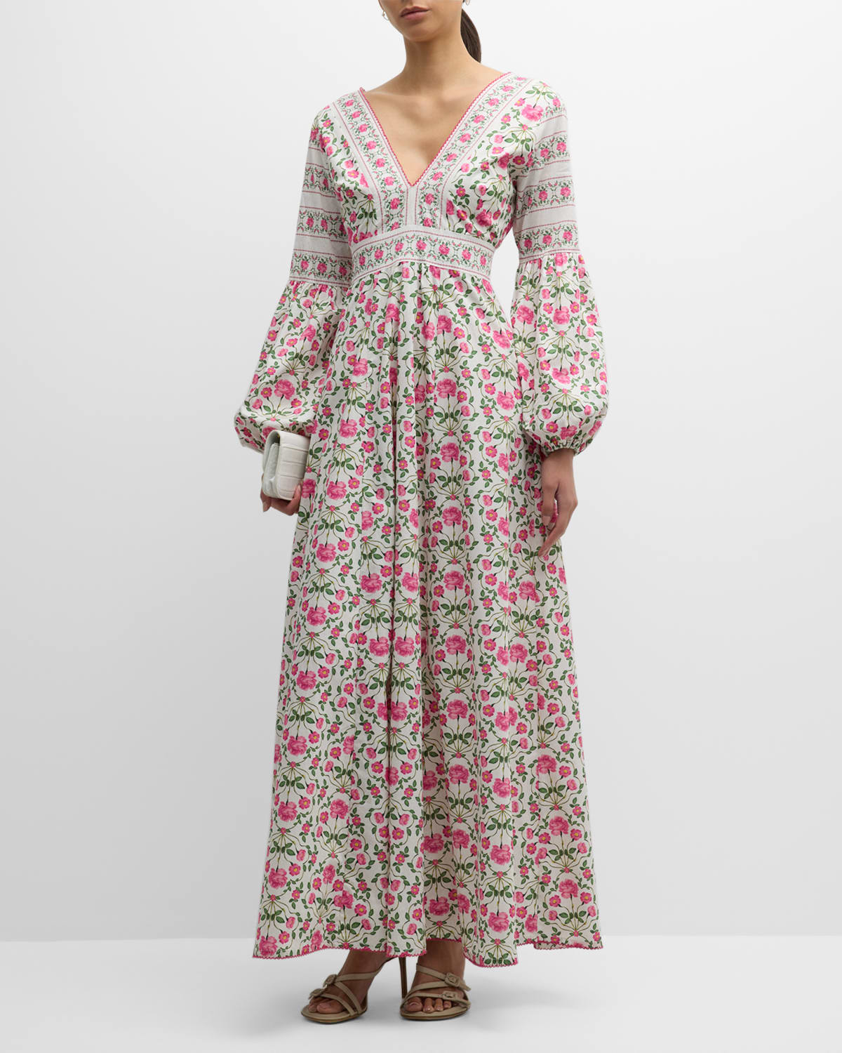 Puff-Sleeve Floral Poplin V-Neck Maxi Dress