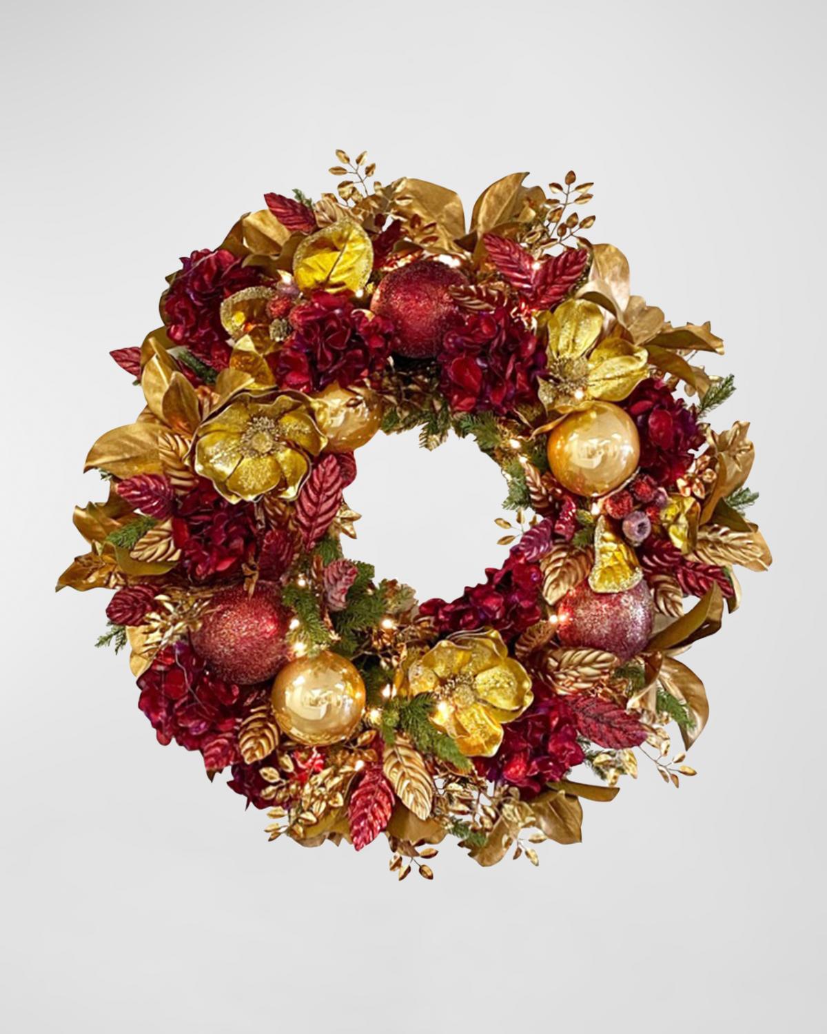 Winward Home Permanent Botanicals Guilded Imitation Hydrangea & Magnolia Leaf Wreath, 34" In Gold