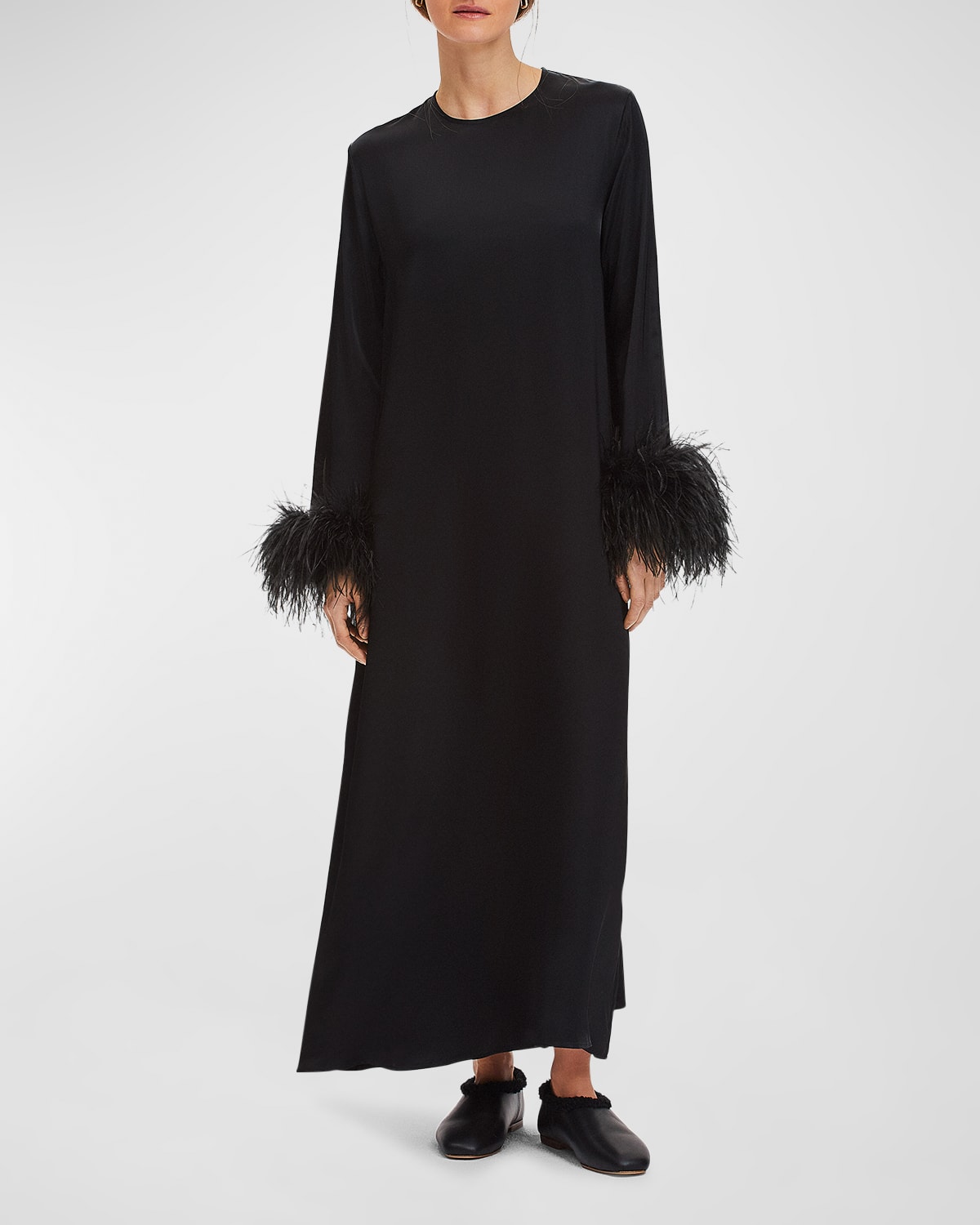 Sleeper Suzi Feather-trimmed Lenzing Ecovero-satin Maxi Dress In Black