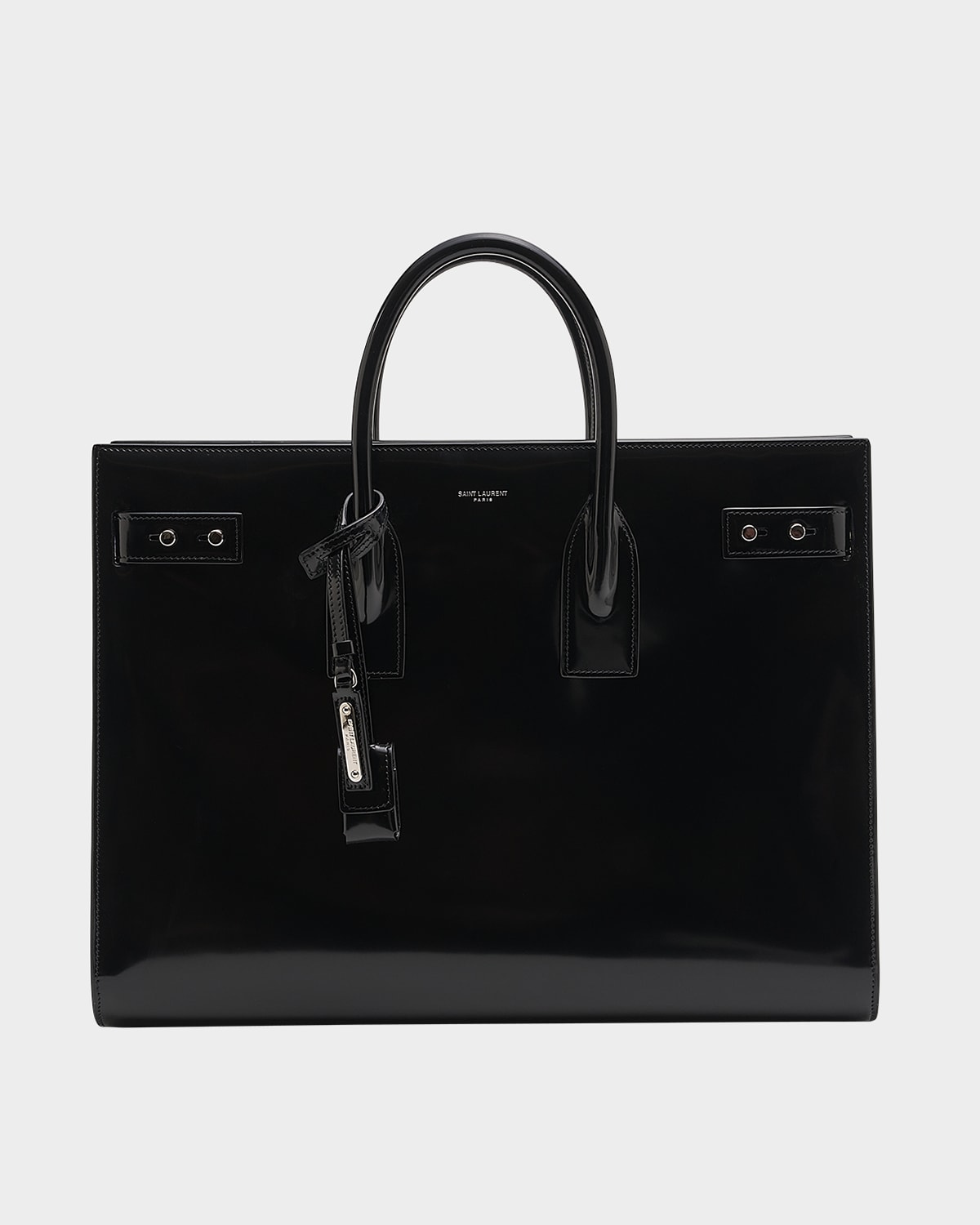 Shop Saint Laurent Men's Thin Large Patent Leather Tote Bag In Nero