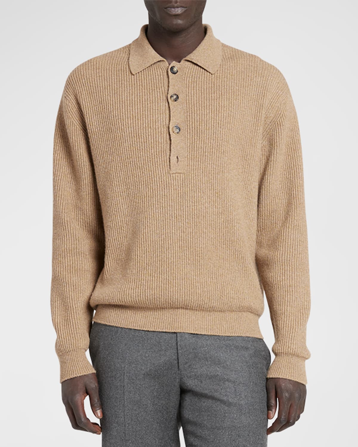Shop Loro Piana Men's Cashmere Ribbed Polo Sweater In Fine Sand