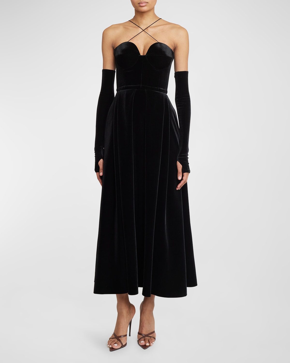 Shop Alex Perry Patten Velvet Teacup Bustier Maxi Dress With Gloves In Black