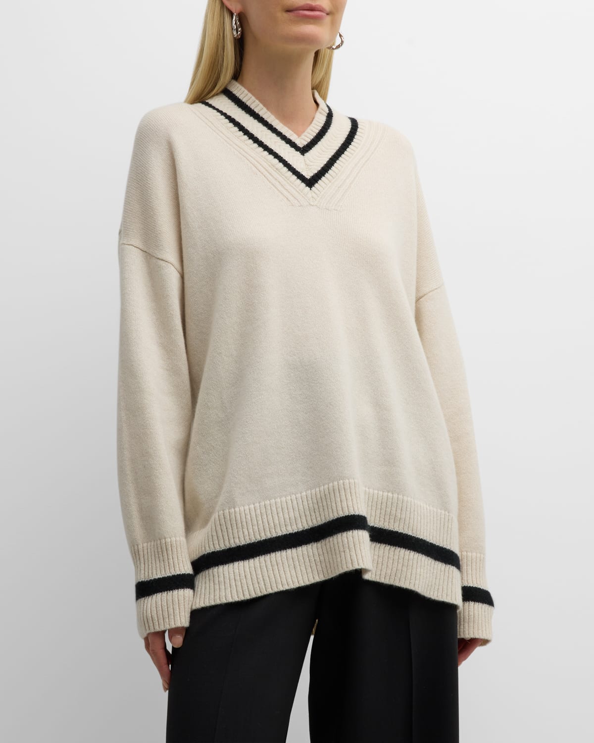 Lafayette 148 Cashmere Striped-trim V-neck Jumper In Beige | ModeSens