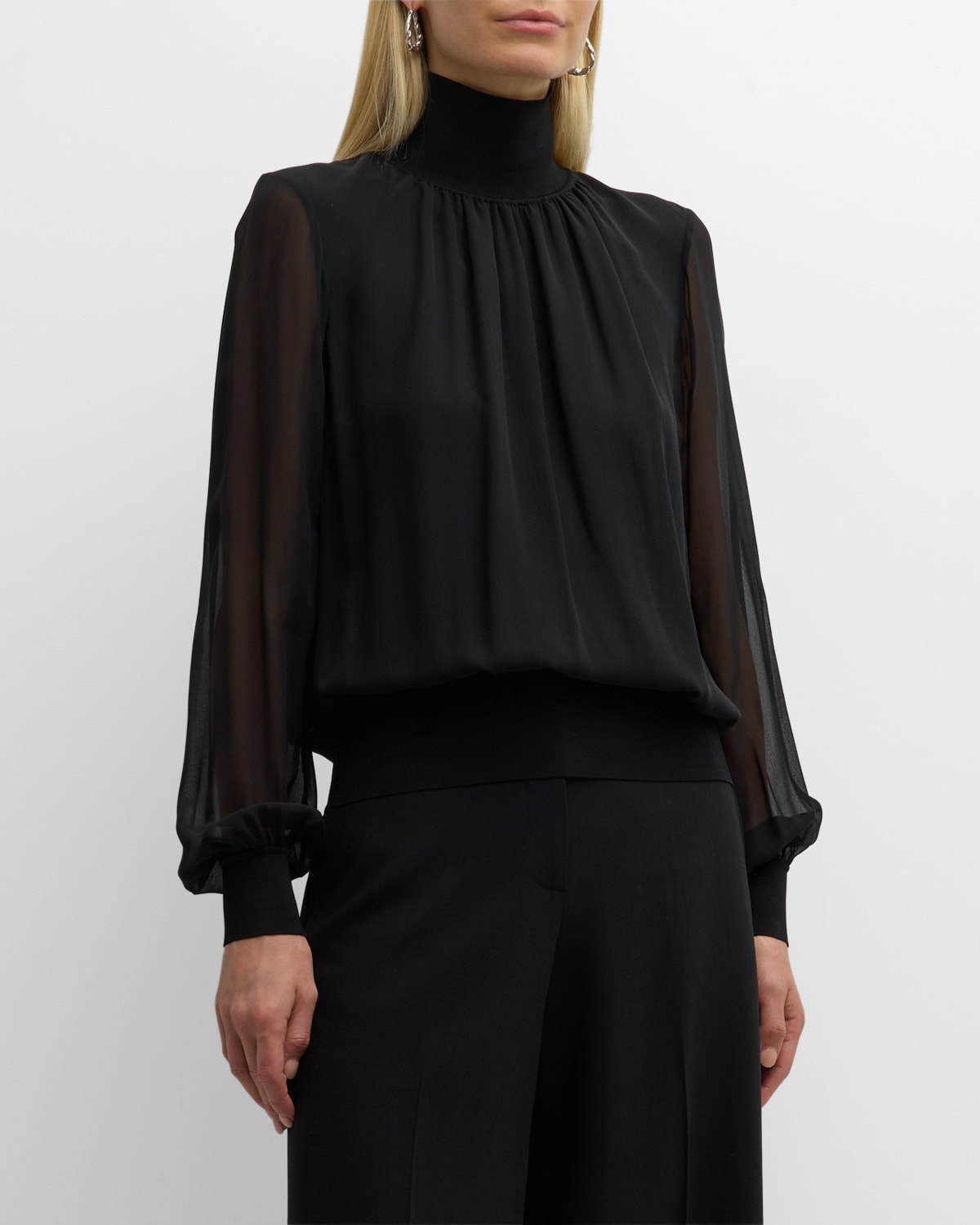 Shop Lafayette 148 Turtleneck Blouson-sleeve Silk Georgette Blouse In Black