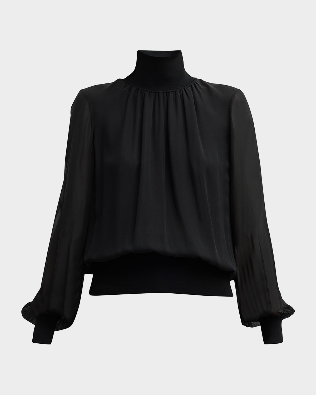 LAFAYETTE 148 TURTLENECK BLOUSON-SLEEVE SILK GEORGETTE BLOUSE