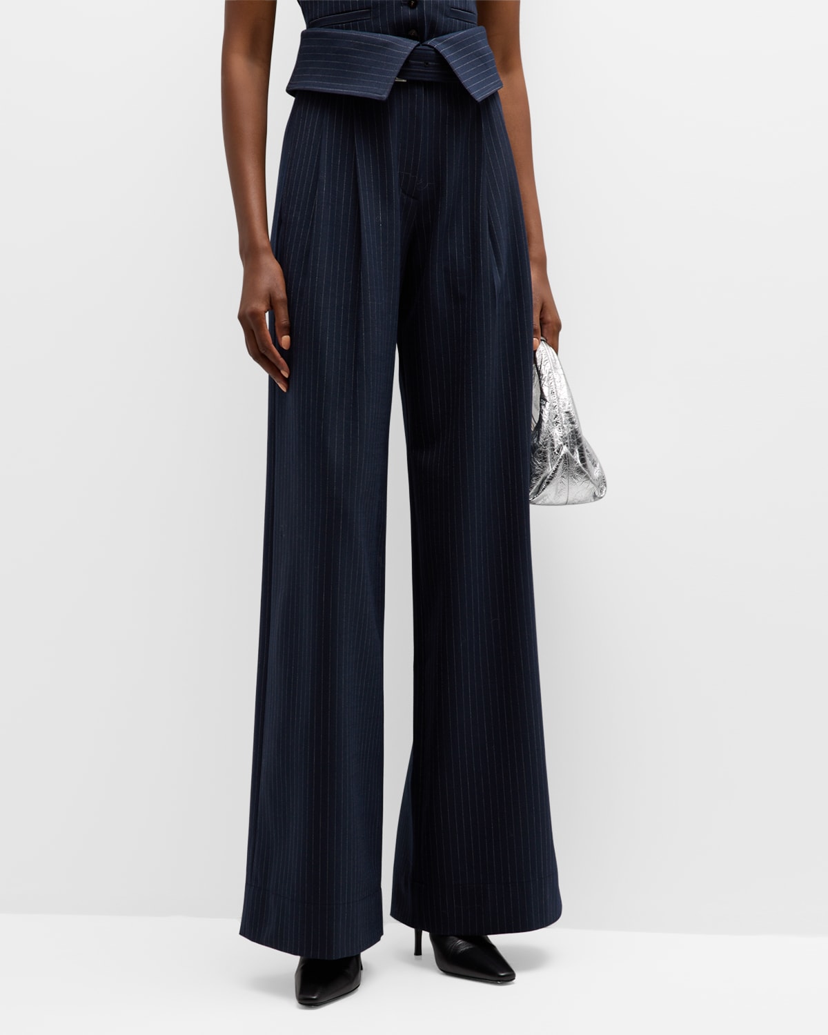A.l.c Emma Pinstripe Foldover Wide-leg Pants In Navy