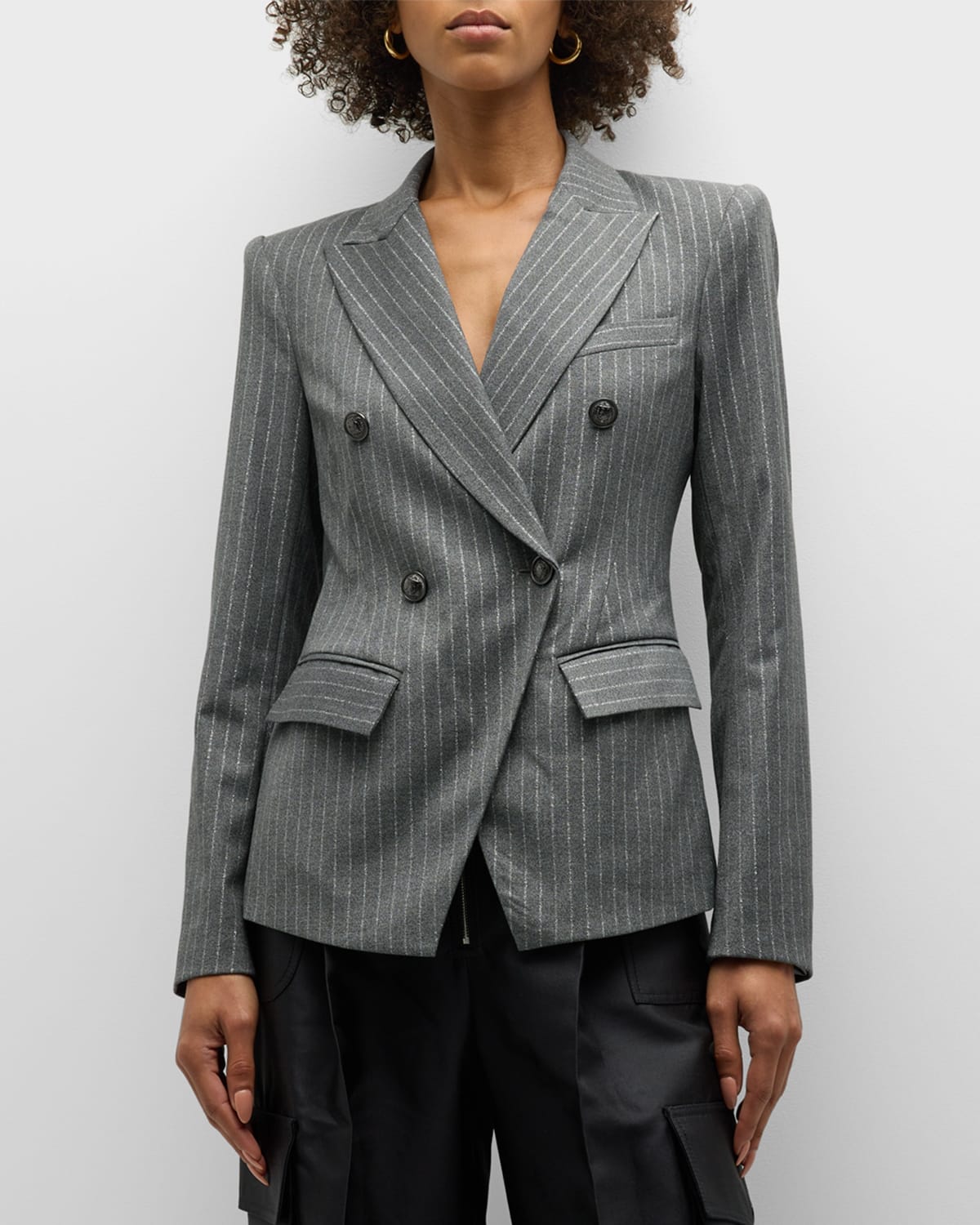 Ramy Brook Collins Metallic Stripe Double Breasted Blazer In Charcoal Lurex Pi