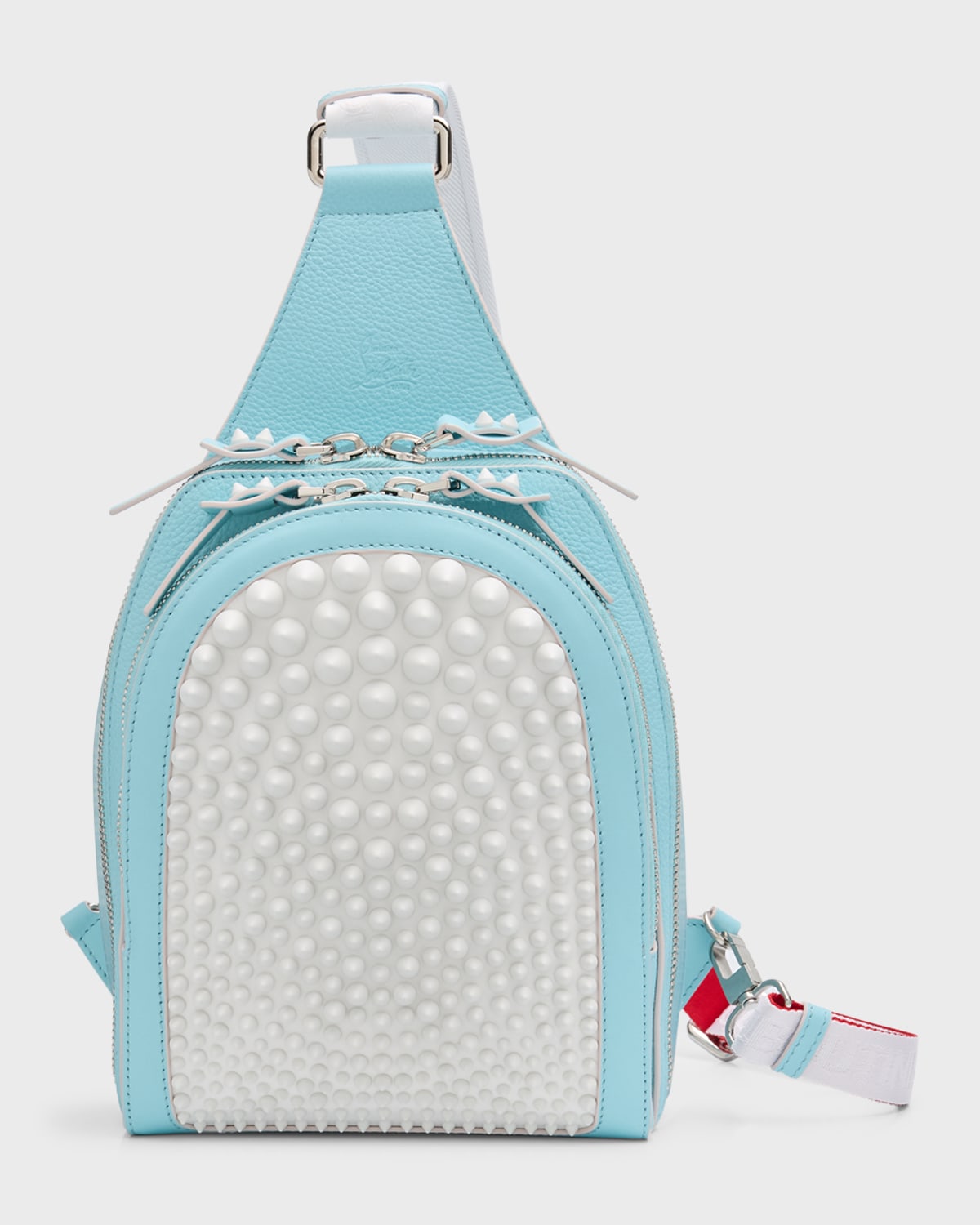 Shop Christian Louboutin Men's Loubifunk Spikes Leather Sling Backpack In White-mineral/minera