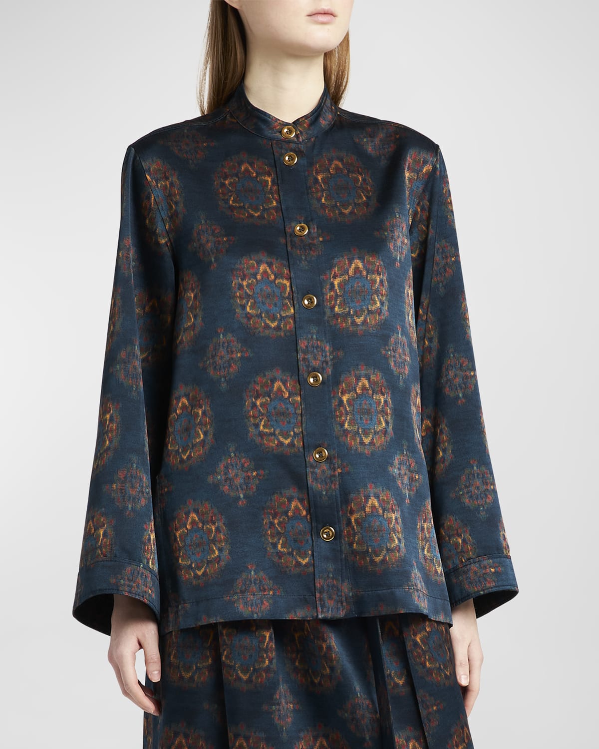 Loro Piana Cam Eloy Button-front Rosette Print Blouse In Blue Navy