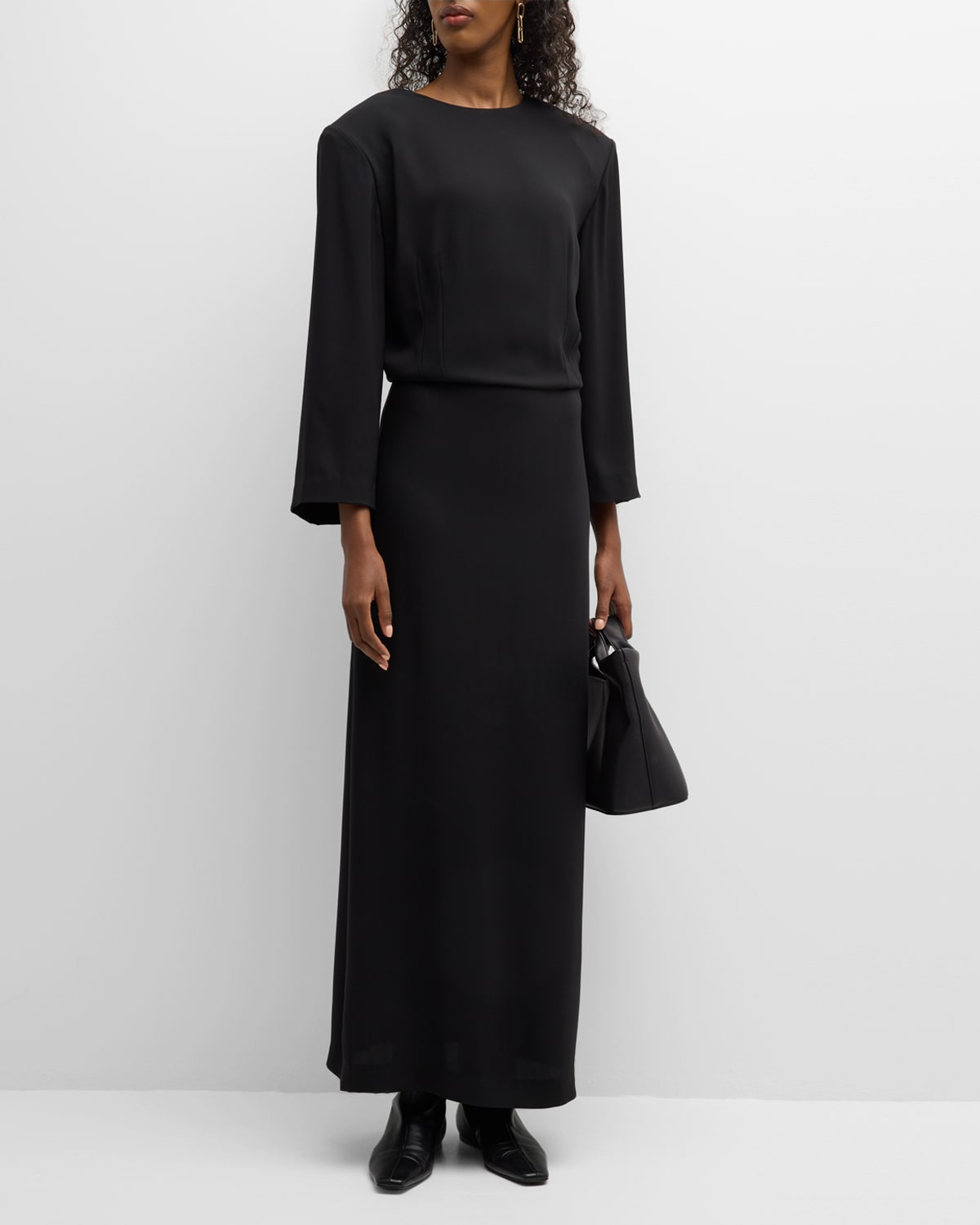 Shop The Row Jery Strong-shoulder Long-sleeve Silk Maxi Dress In Black
