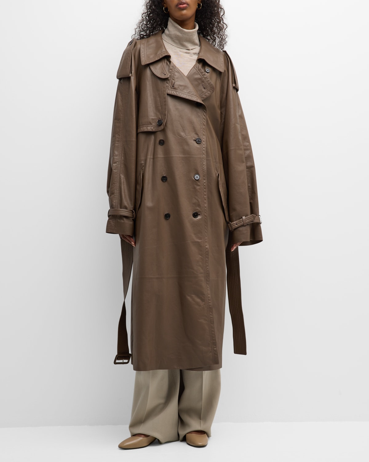 Shop The Row Avio Belted Leather Trench Coat In Brown Bear