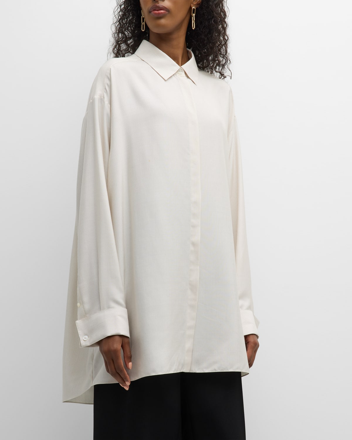 The Row Nomoon Pinstripe-print Collared Silk Shirt In Beige W Stripe
