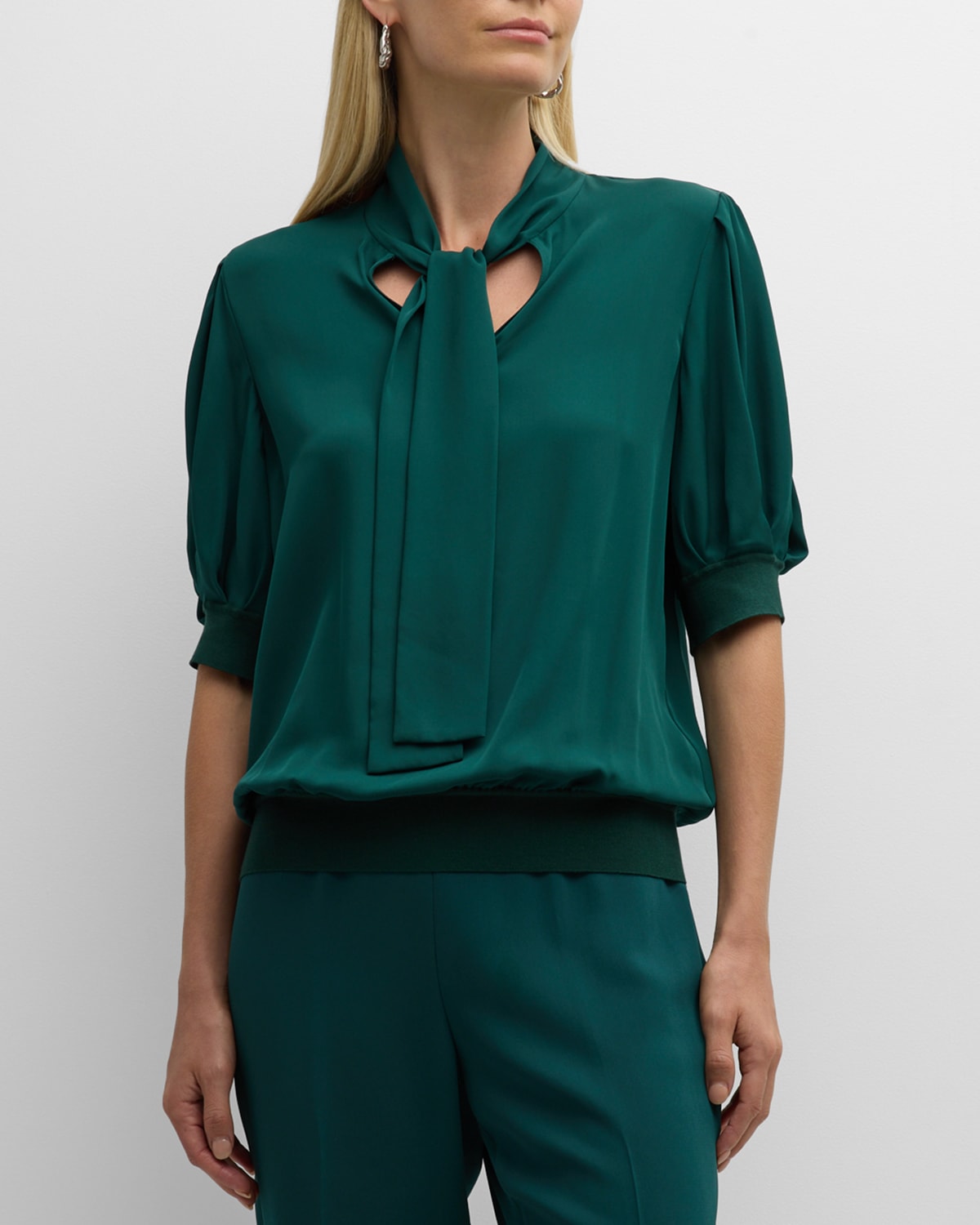 Lafayette 148 Pleated Elbow-sleeve Tie-neck Blouse In Deep Ivy