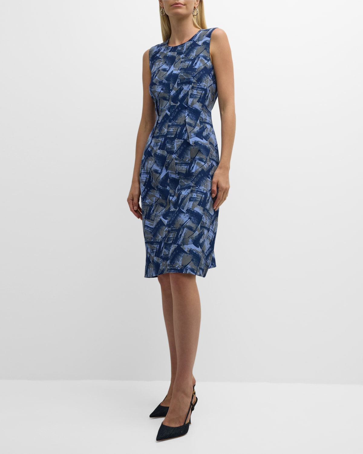 Lafayette 148 Sleeveless Brushstroke-print Darted Midi Dress In Blue Iris Multi