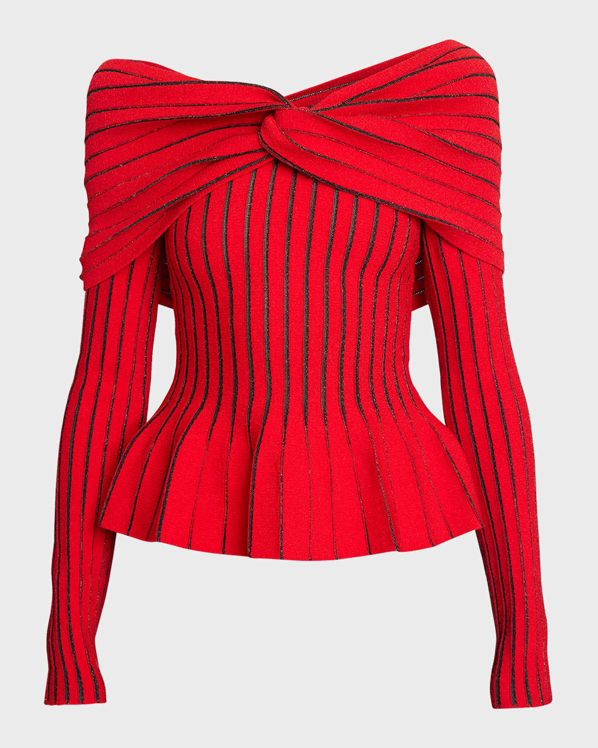 Shop Balmain Off-shoulder Knit Top With Knotted Detail In Red Black