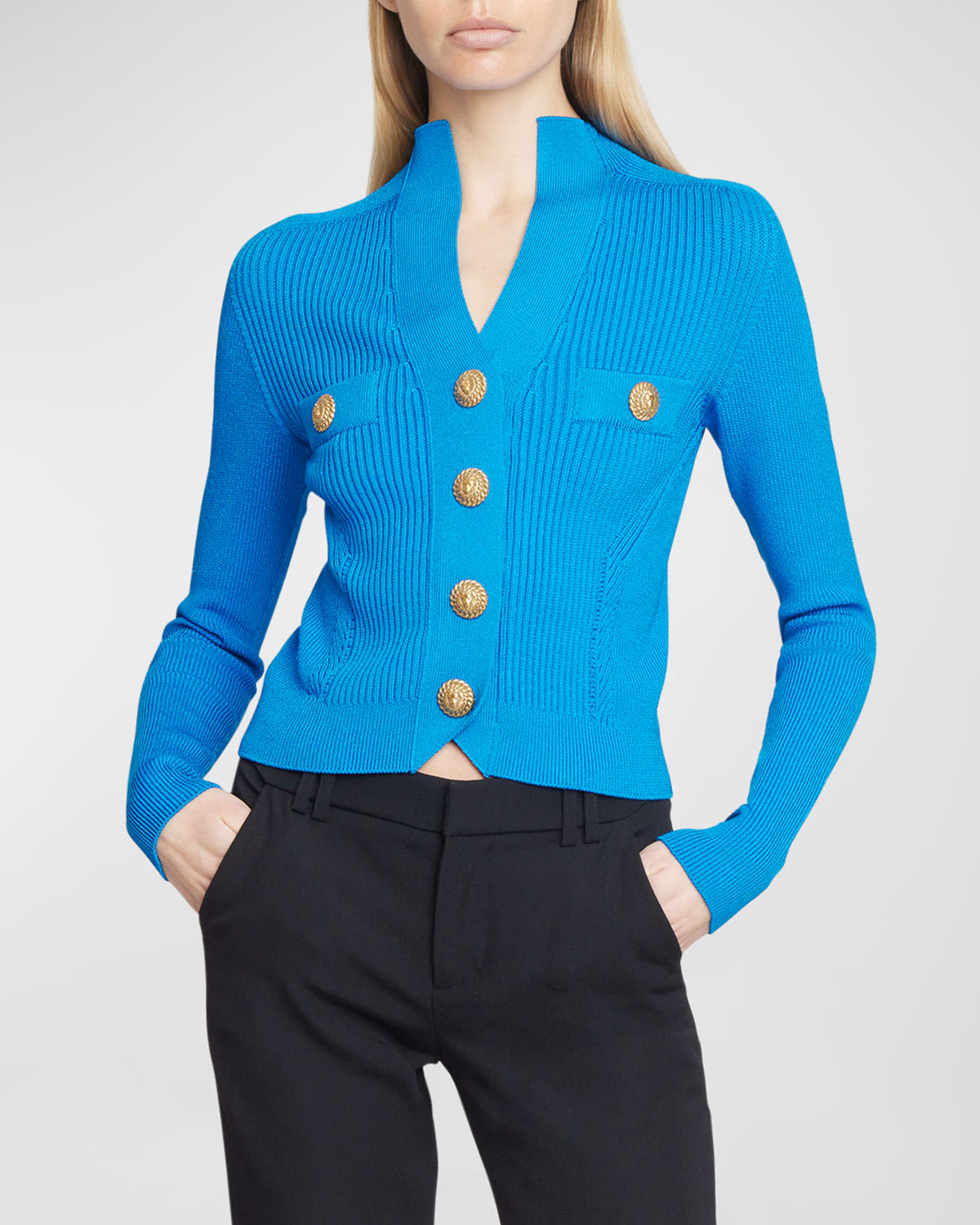 Balmain Button-front Ribbed Knit Cardigan In Cobalt