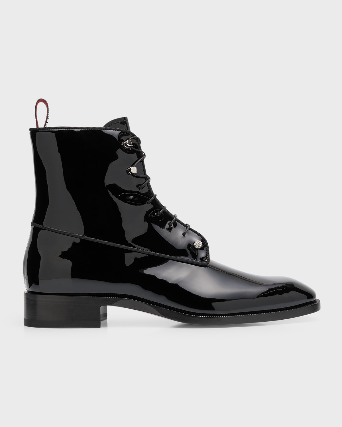 CHRISTIAN LOUBOUTIN MEN'S CHAMBELIBOOT NIGHT STRASS PATENT LEATHER PIERCING LACE-UP BOOTS