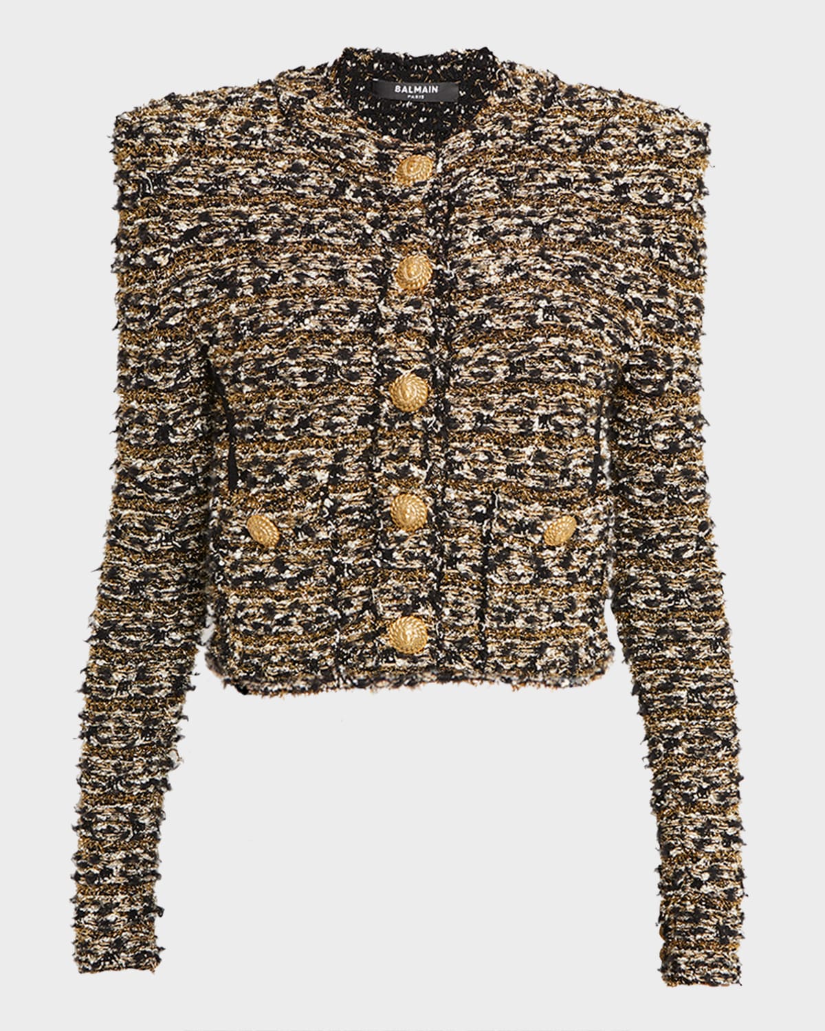 Shop Balmain Metallic Tweed Boxy Short Jacket In Black Gold