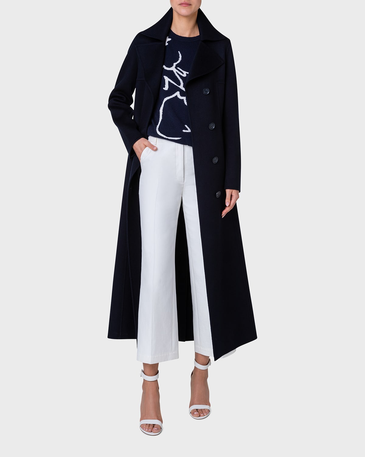 Shop Akris Cashmere Double-face Single-breasted Long Coat In Navy