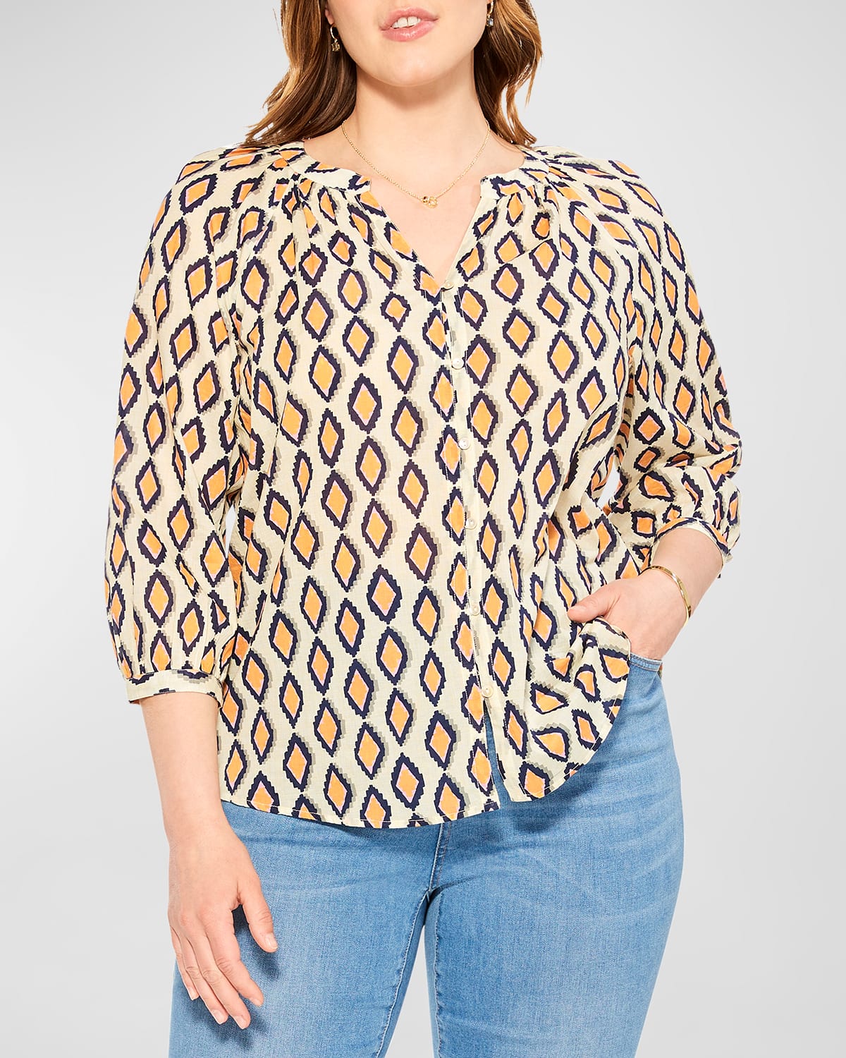 Nic + Zoe Falling Diamonds Button-up Top In Orange Multi