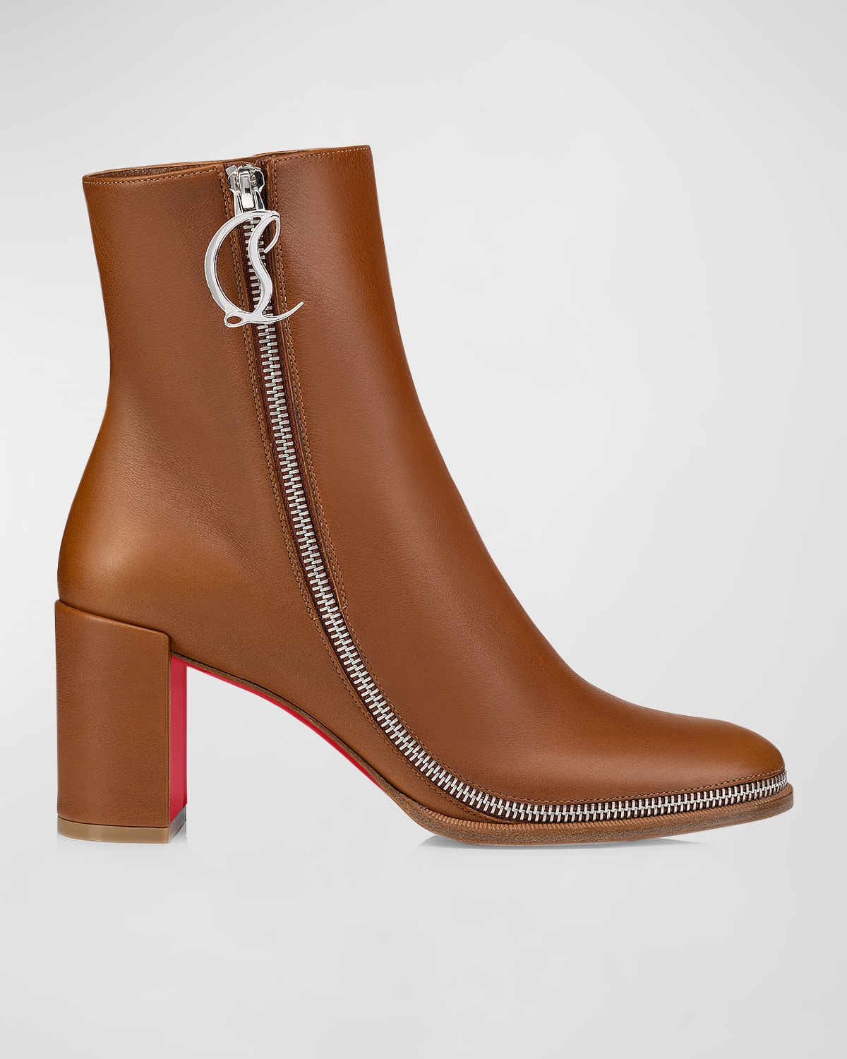 Christian Louboutin Leather Zipper Red Sole Ankle Boots In Cuoio