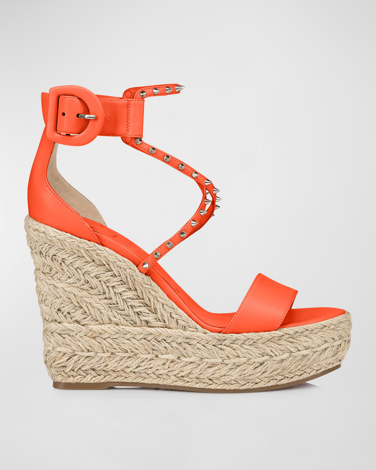 Shop Christian Louboutin Leather Spikes Red Sole Wedge Espadrilles In Vitamine/natural