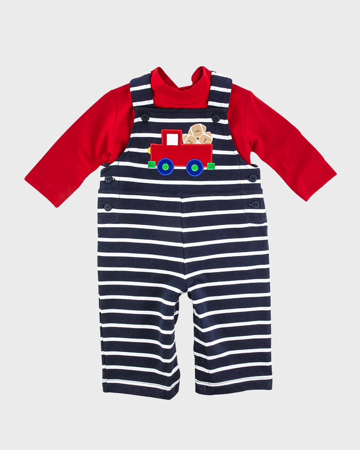 Boy's Striped Embroidered Overall W/ Shirt Set, Size 6M-24M