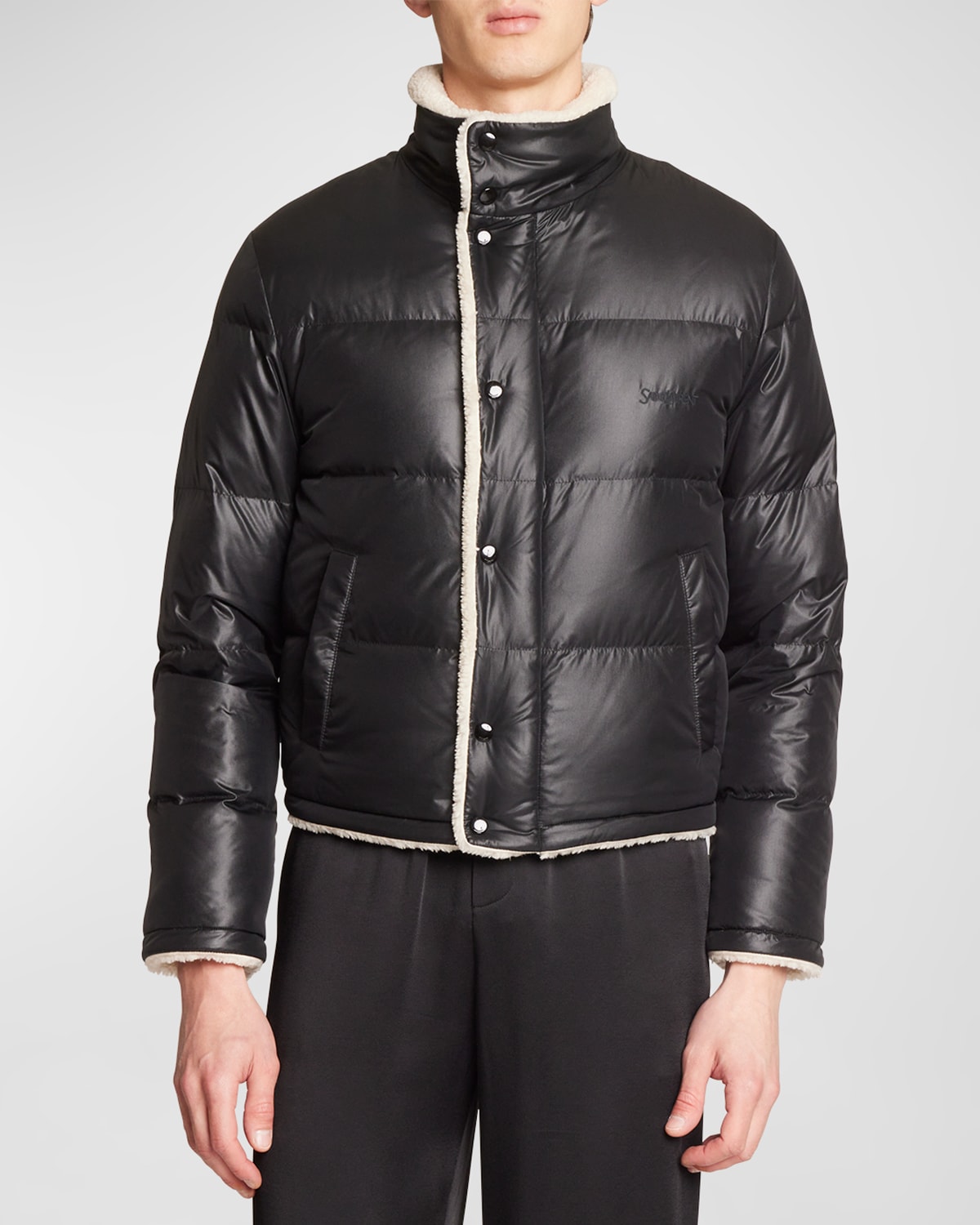 Shop Saint Laurent Men's Faux Shearling Puffer Jacket In Bianco/tor