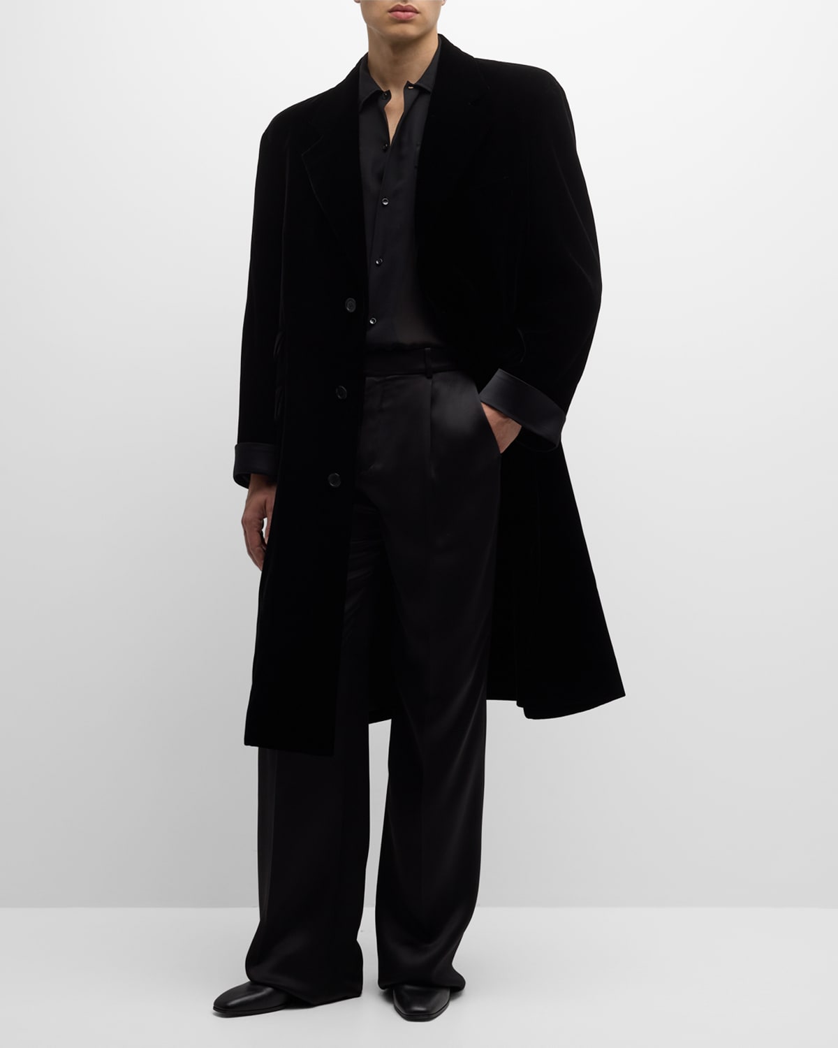 Shop Saint Laurent Men's Oversized Satin-trim Velvet Coat In Nero