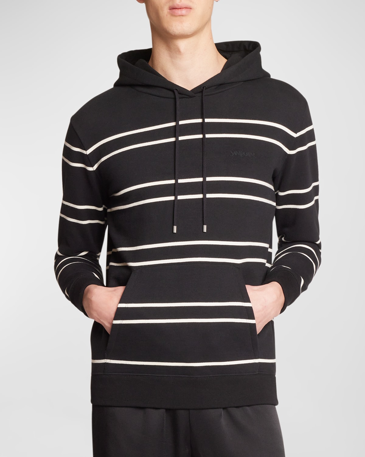 Shop Saint Laurent Men's Embroidered Logo Stripe Hoodie In White Nite
