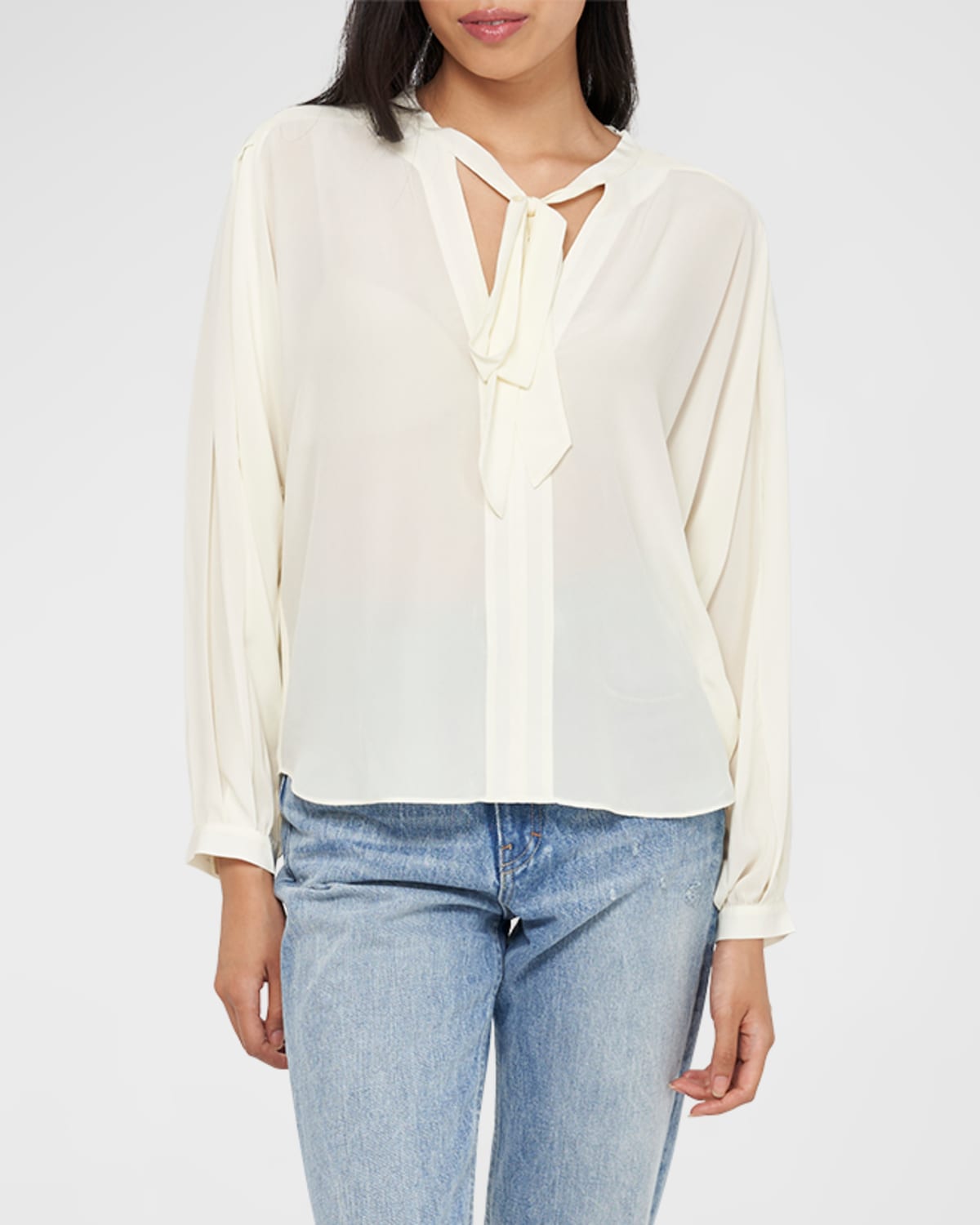 Joie Wells Tie-neck Blouson-sleeve Silk Blouse In Winter_white