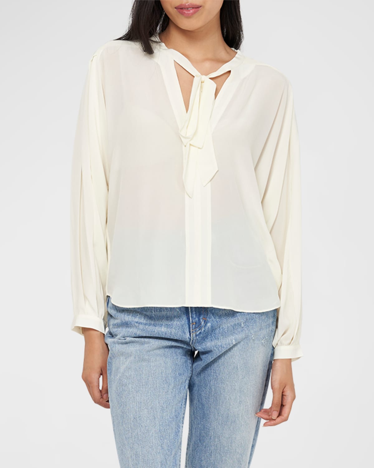 Wells Tie neck Blouson sleeve Silk Blouse In Winter white