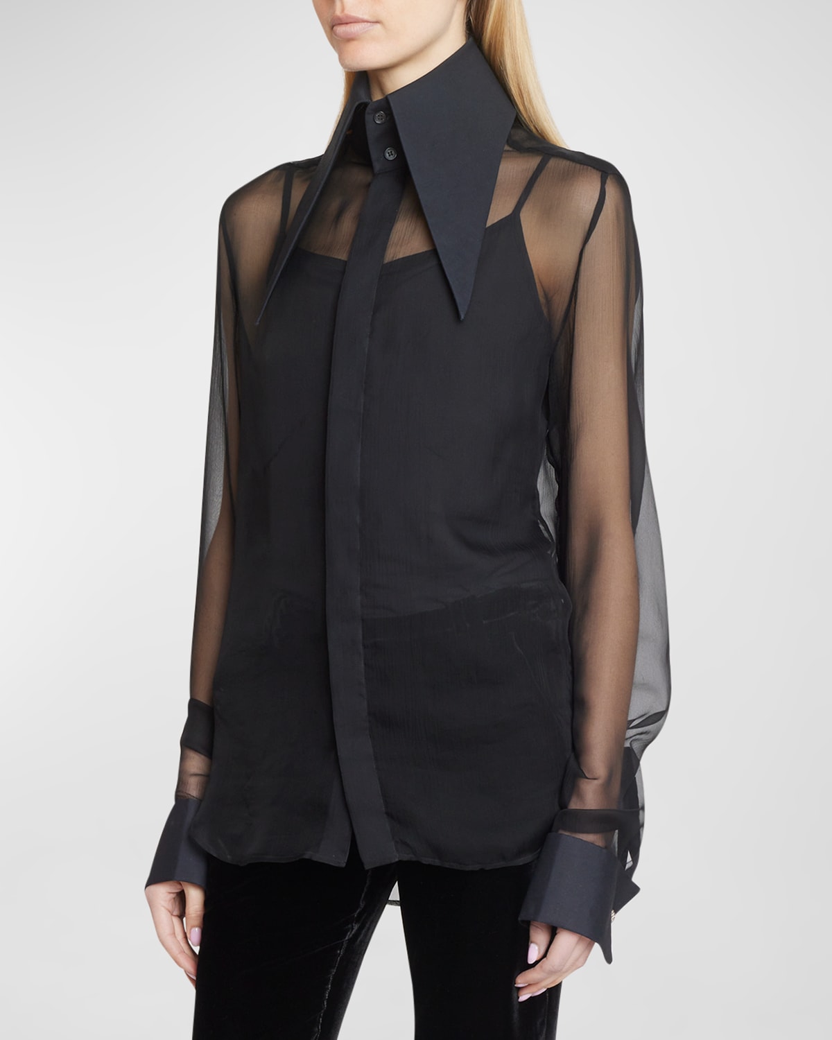 Shop Balmain Sheer Silk Chiffon Collared Shirt In Black