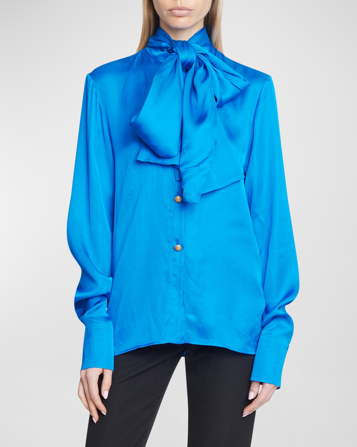 Shop Balmain Bow-neck Button-up Satin Shirt In Cobalt