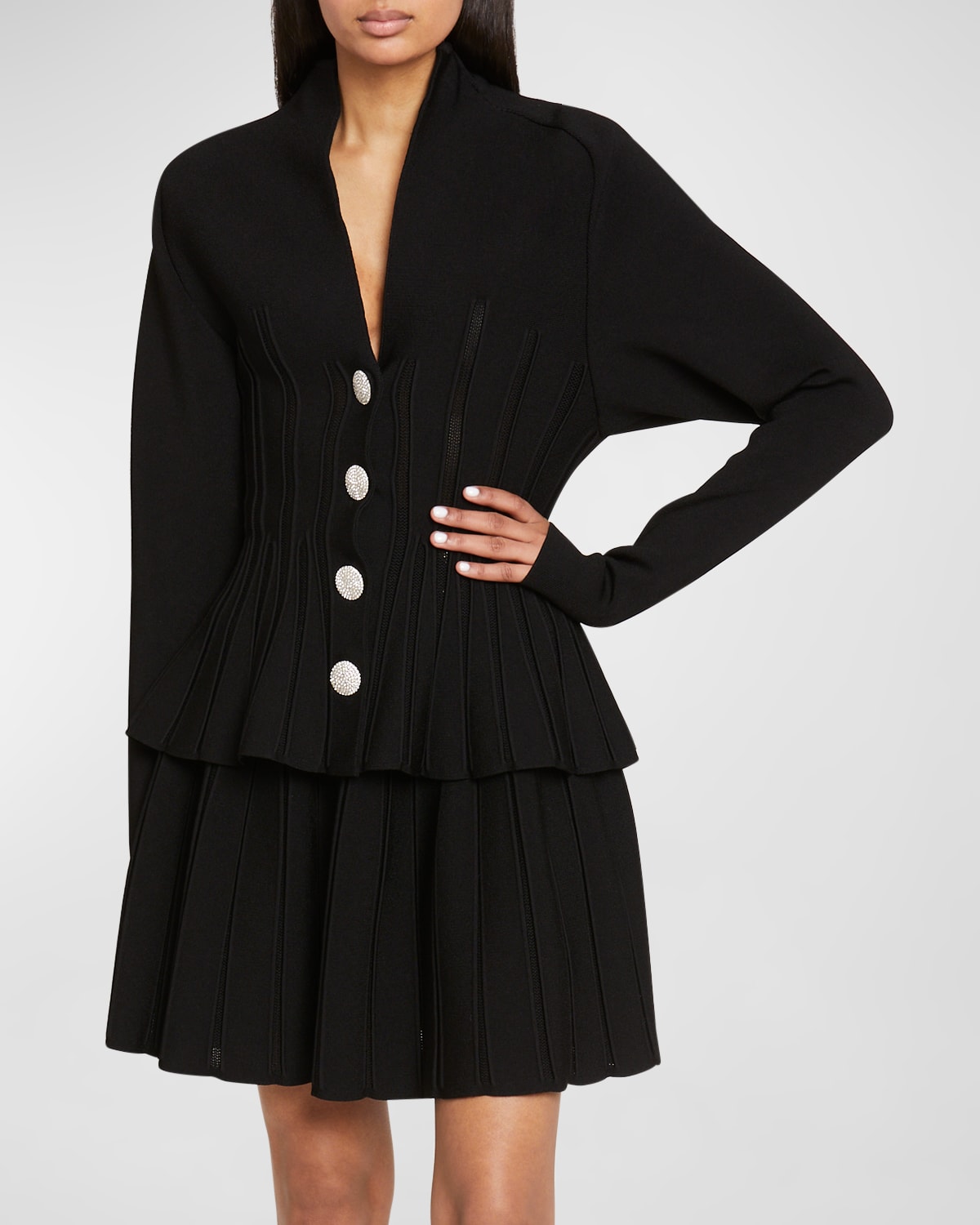 Shop Balmain V-neck Ribbed Peplum Basque Cardigan In Black