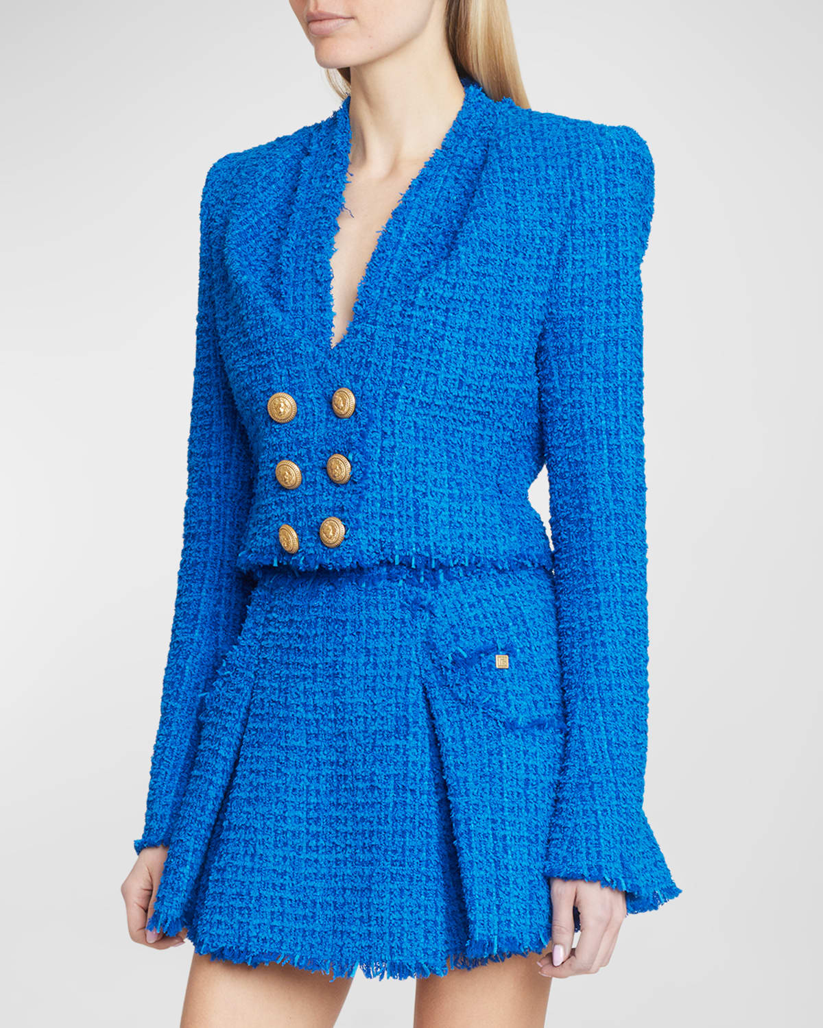 Balmain Collarless Tweed Double-breasted Crop Jacket In Cobalt