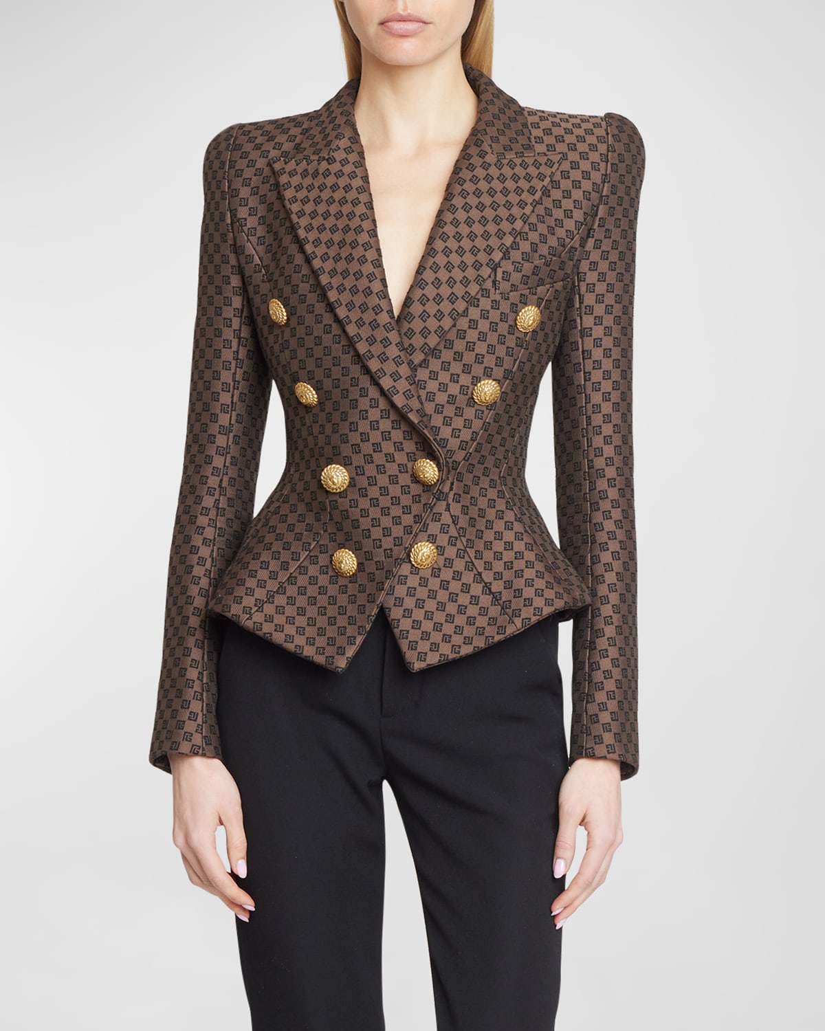 Balmain 8-button Monogram Jacquard Blazer Jacket In Brown/multi