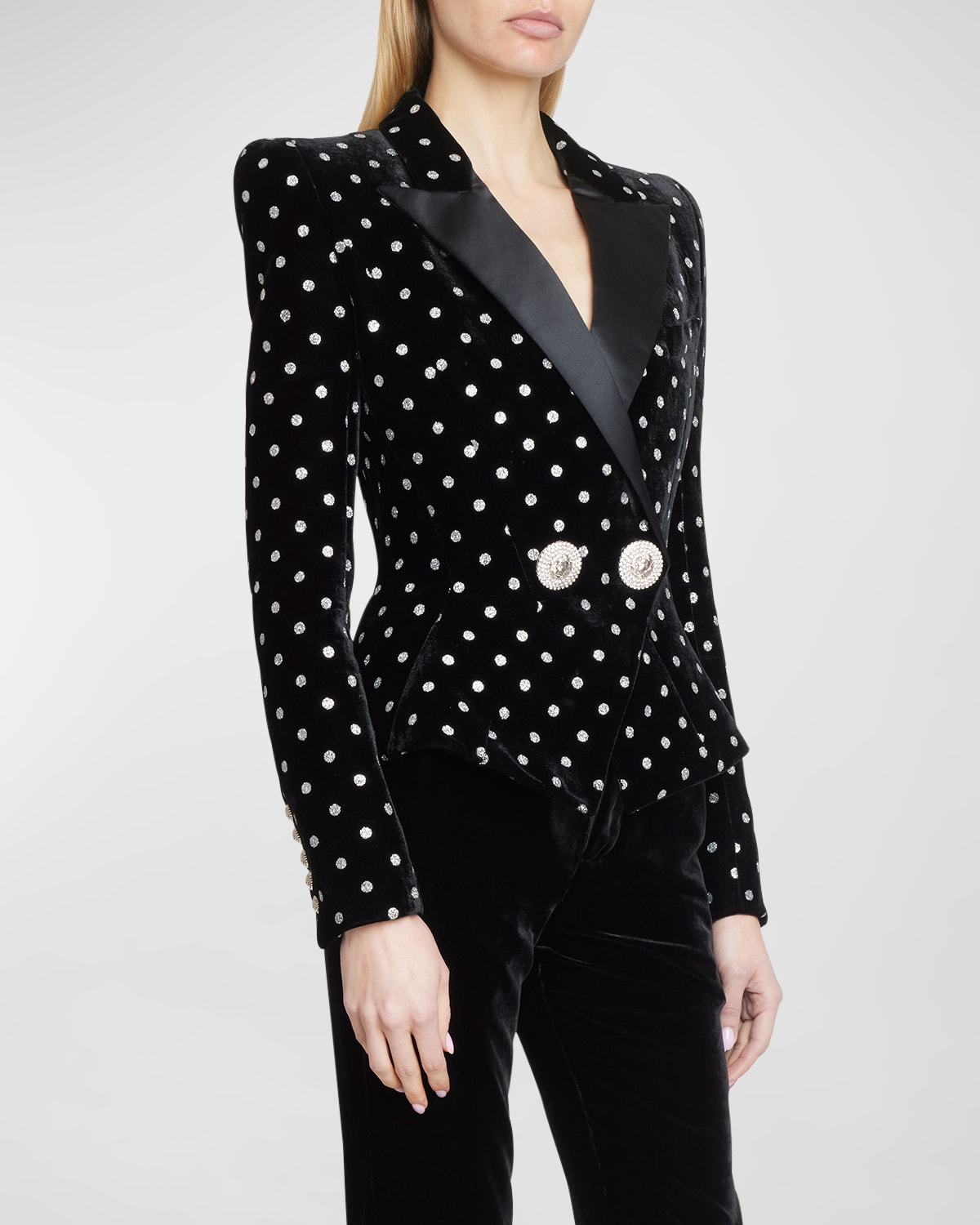 Balmain 2-button Glitter Polka-dot Velvet Jacket In Black/silver