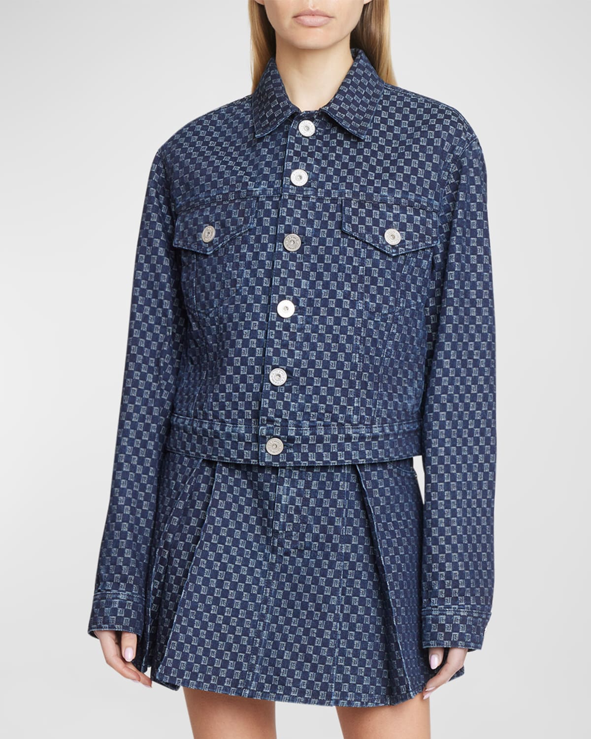 Balmain Monogram Check Jacquard Denim Jacket In Blue Multi