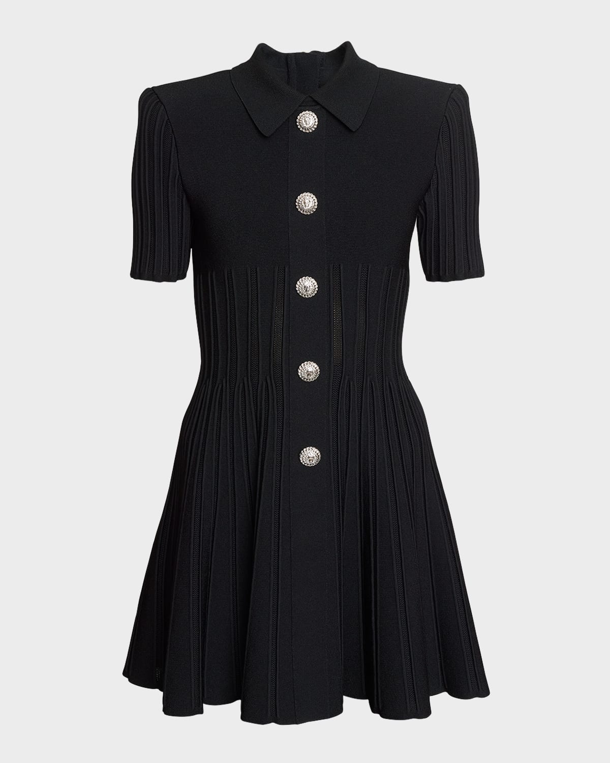 Balmain Short-sleeve Button-front Ribbed Knit Mini Shirtdress In Black