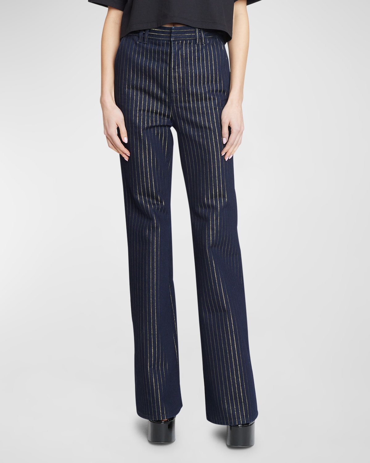 Shop Balmain Metallic Striped Denim Flared Pants In Blue Multi