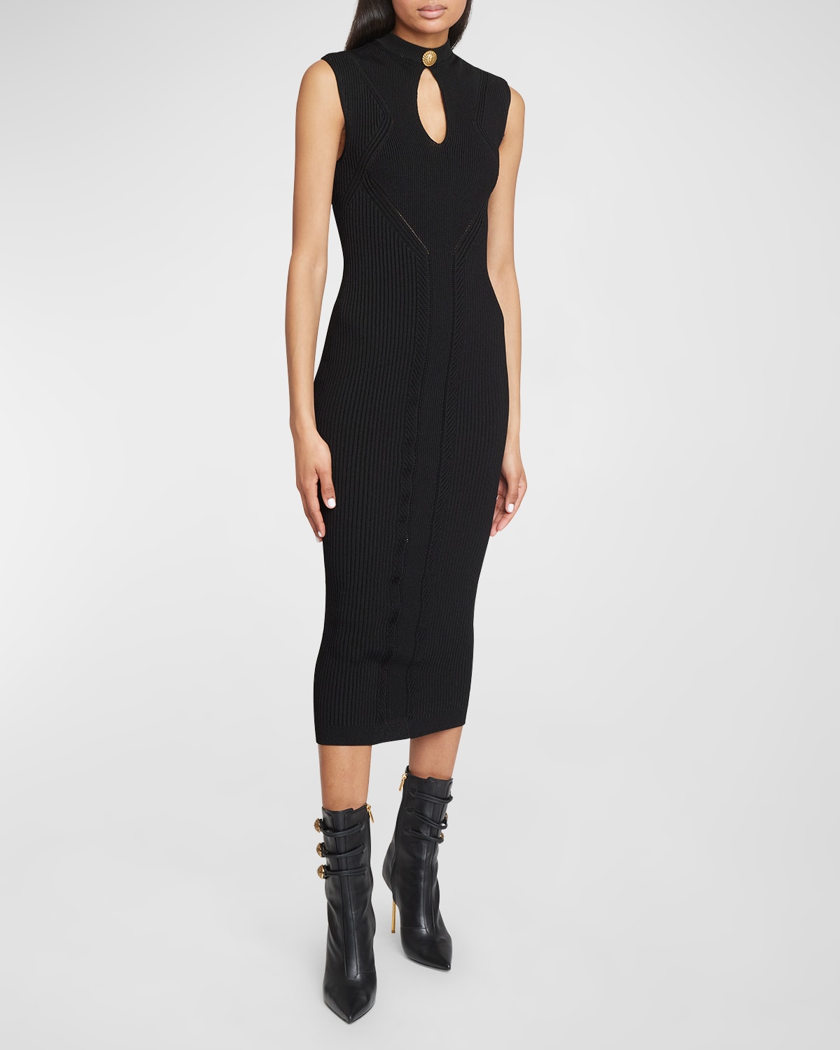 Shop Balmain Mock-neck Sleeveless Pointelle Rib Knit Midi Dress In Black