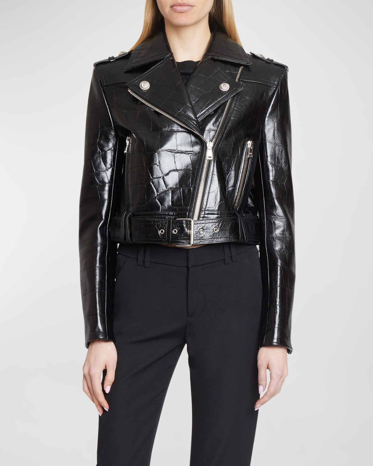 Shop Balmain Croc-embossed Leather Crop Biker Jacket In Black