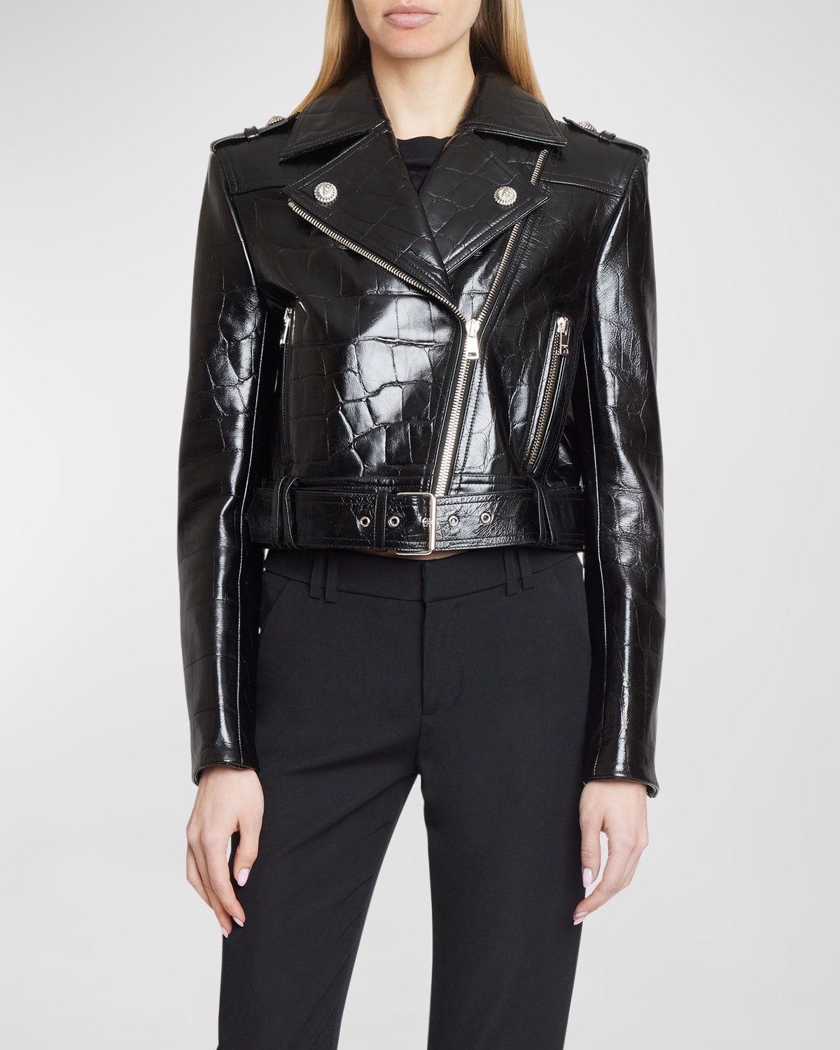 Croc-Embossed Leather Crop Biker Jacket