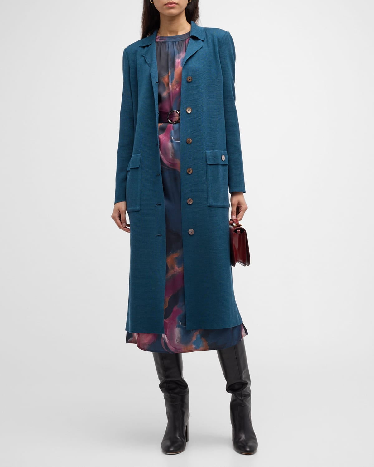 Misook Belted Button-down Long Knit Jacket In Marine Teal