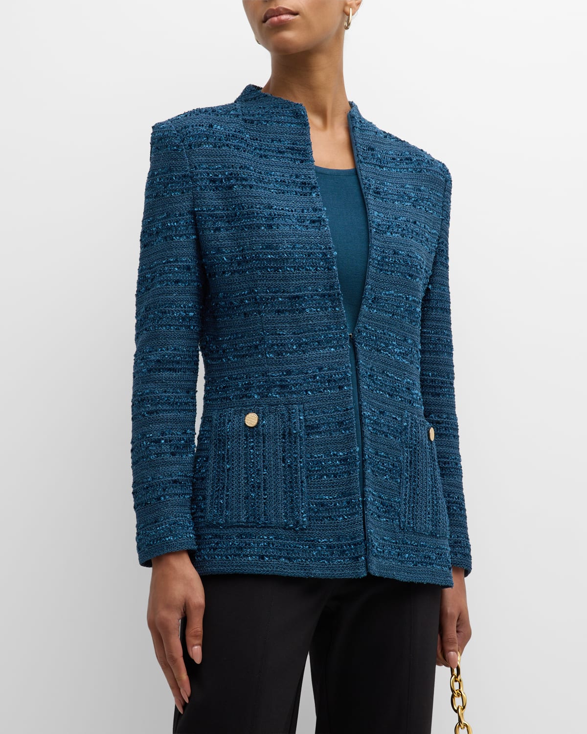 Misook Tweed Funnel Collar Knit Jacket In Marine Teal