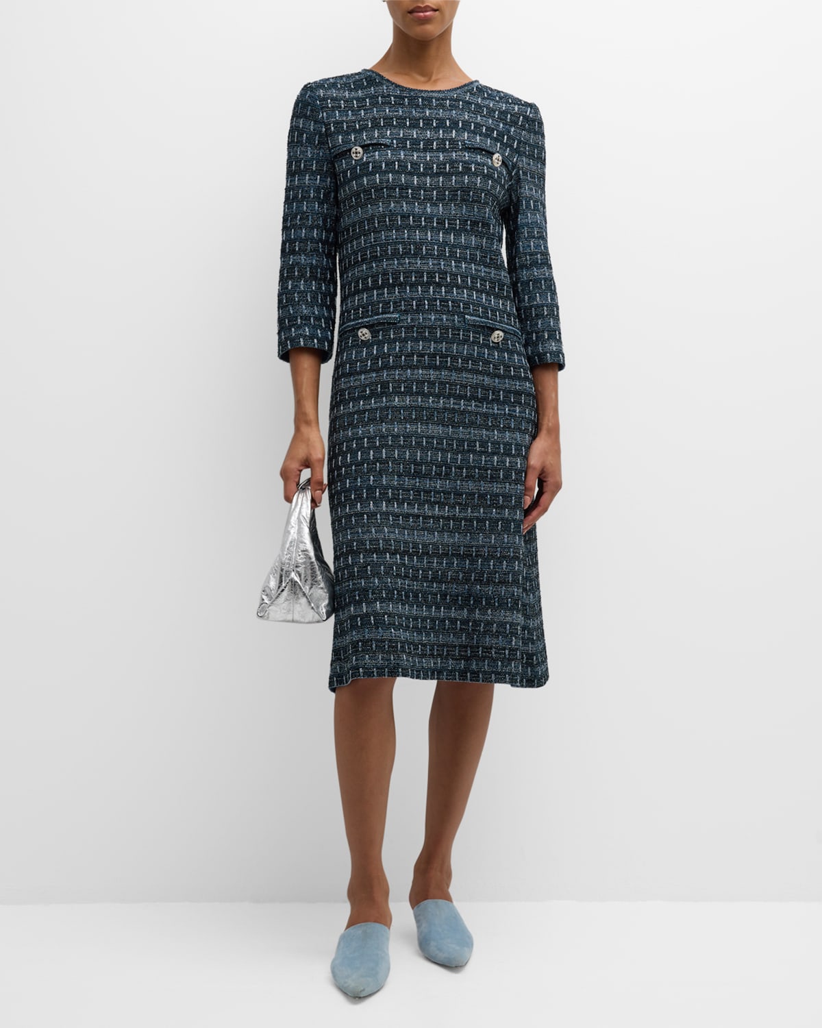 Misook Metallic Tweed Shift Sweater Dress In Marine Teal/black