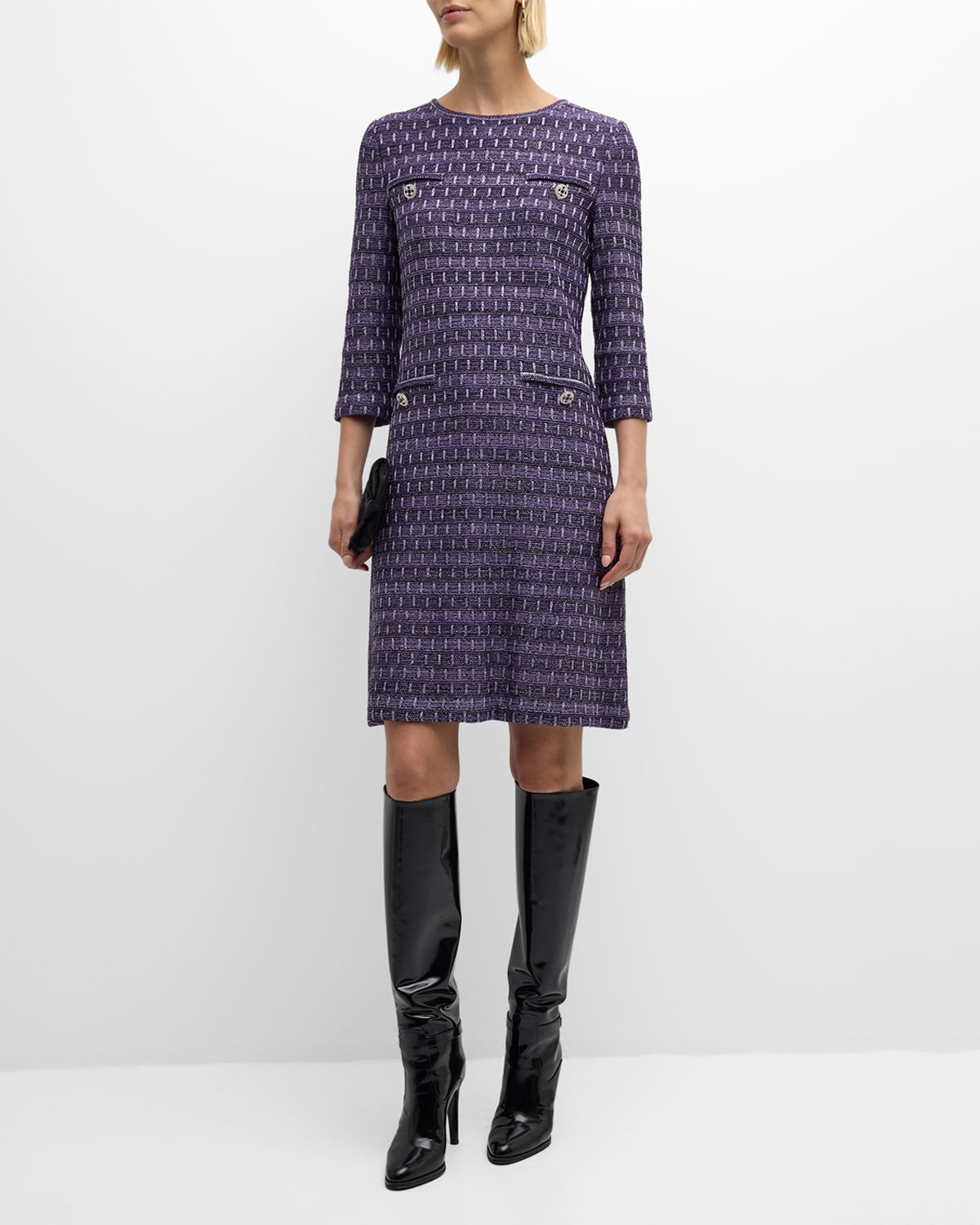 Misook 3/4-sleeve Metallic Tweed Knit Midi Dress In Purple